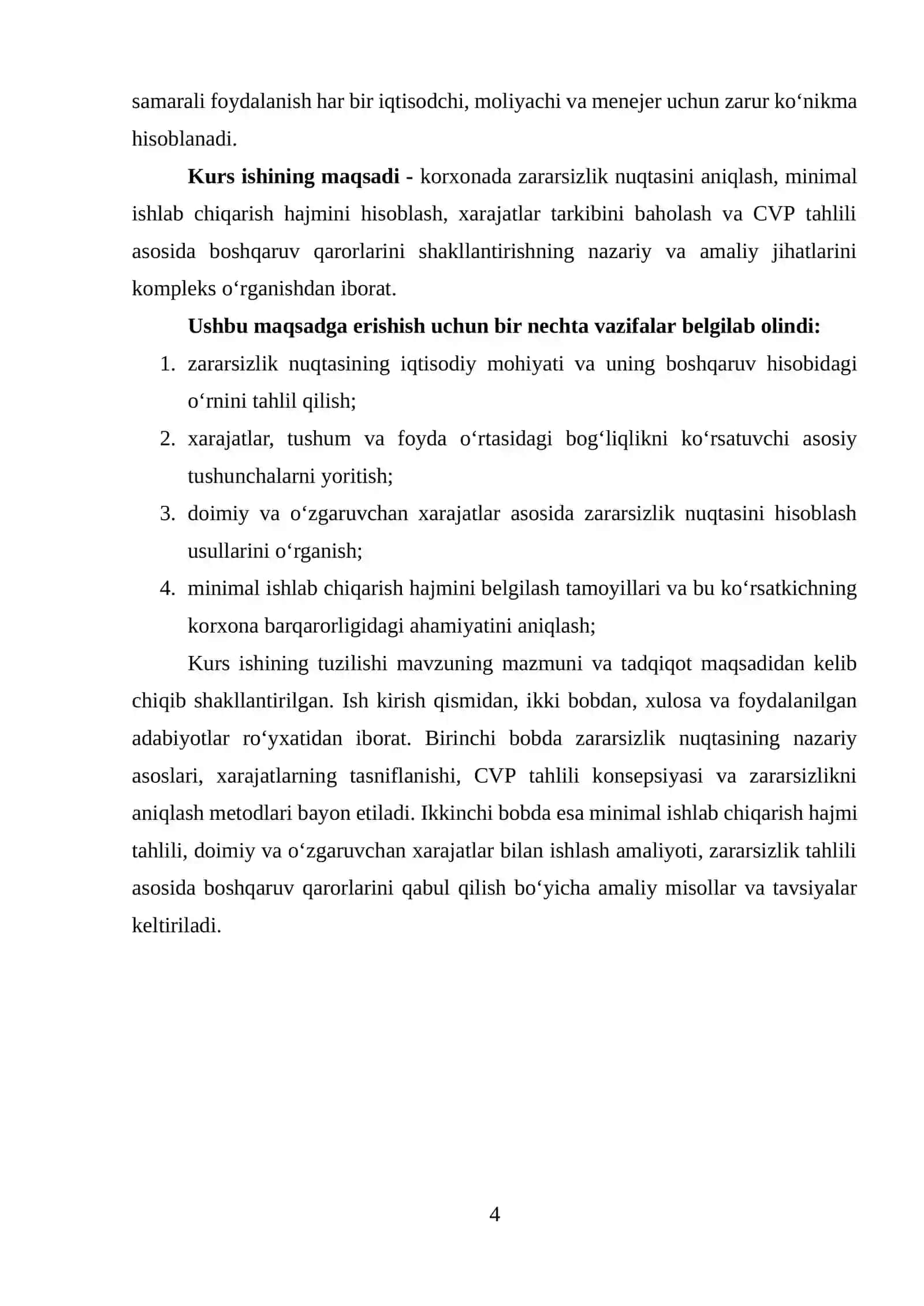 Boshqaruv hisobida zararsizlik nuqtasi va mahsulotning minimal ishlab chiqarish hajmi tahlili 4