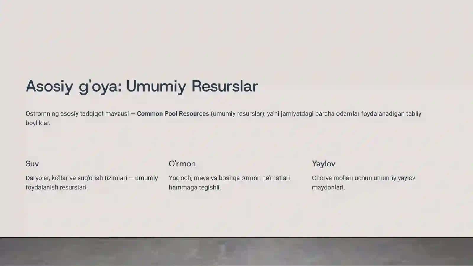 Elinor Ostrom va Umumiy Resurslarni Boshqarish Nazariyasi (A+ Mustaqil ish / Prezentatsiya) 4
