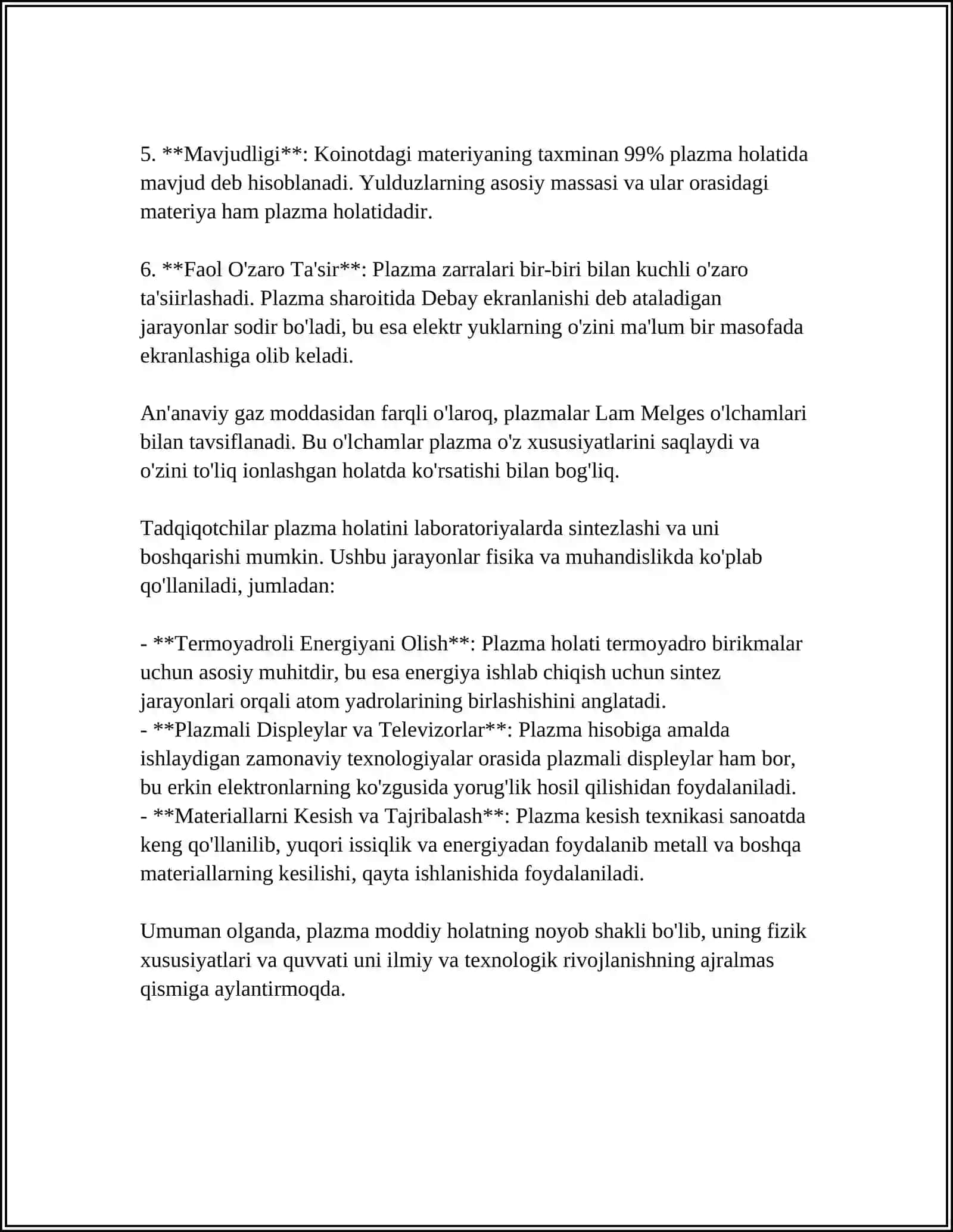 PLAZMA HAQIDA TUSHUNCHA. ELEKTROMAGNIT TO'LQINLAR VA ULARNING FARMATSIYA VA TIBBIYOTDA QO'LLANILISHI. ELEKTRONLAR, NEYTRON VA BOSHQA ZARRACHALAR DIFRAKSIYASI. RADIOAKTIV YEMIRILISH-LAR. NISHONLI ATOMLAR. BIOSFERA VA FIZIK MAYDON. ATROF MUHIT VA INSONNING FIZIK MAYDONI 4