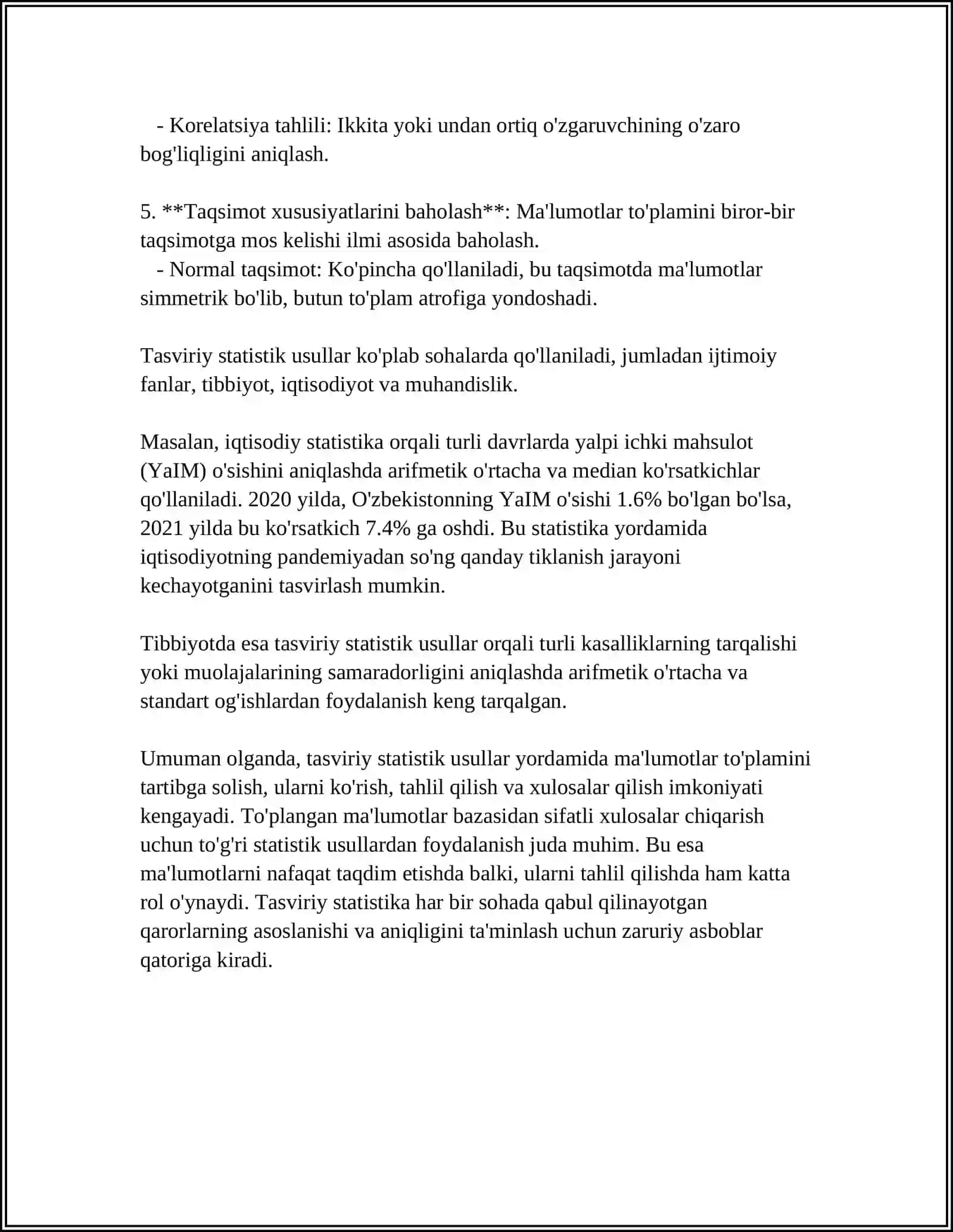 TASVIRIY STATISTIK MA’LUMOTLAR VA VIZUALIZATSIYA (TADQIQOT MA’LUMOTLARINI TAHLIL QILISH) 4