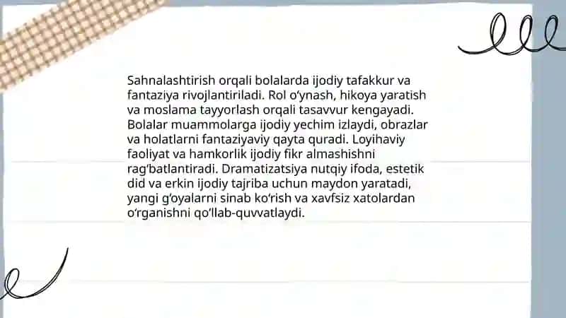 Maktabgacha ta'lim tashkilotida sahnalashtirish faoliyatining asosiy maqsadi 4