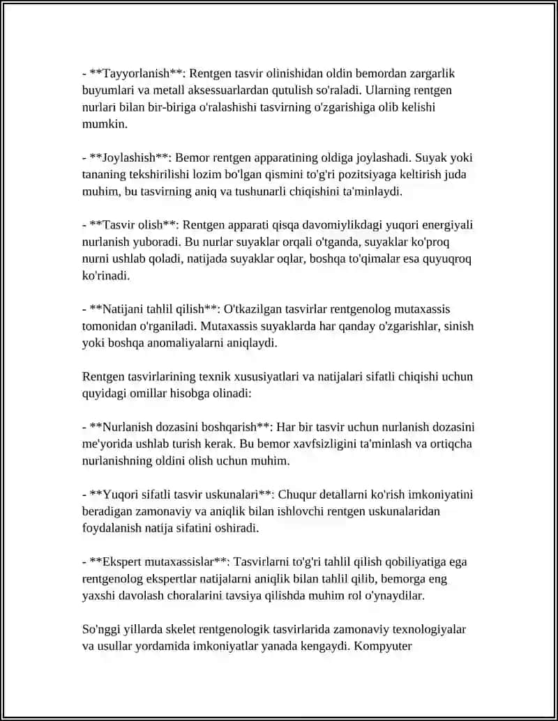 MUSTAQIL ISH Mavzu: SKELET SUYAKLARINING RENTGENANATOMIYASI. SKELETNING RIVOJLANISH NUQSONLARI. 4