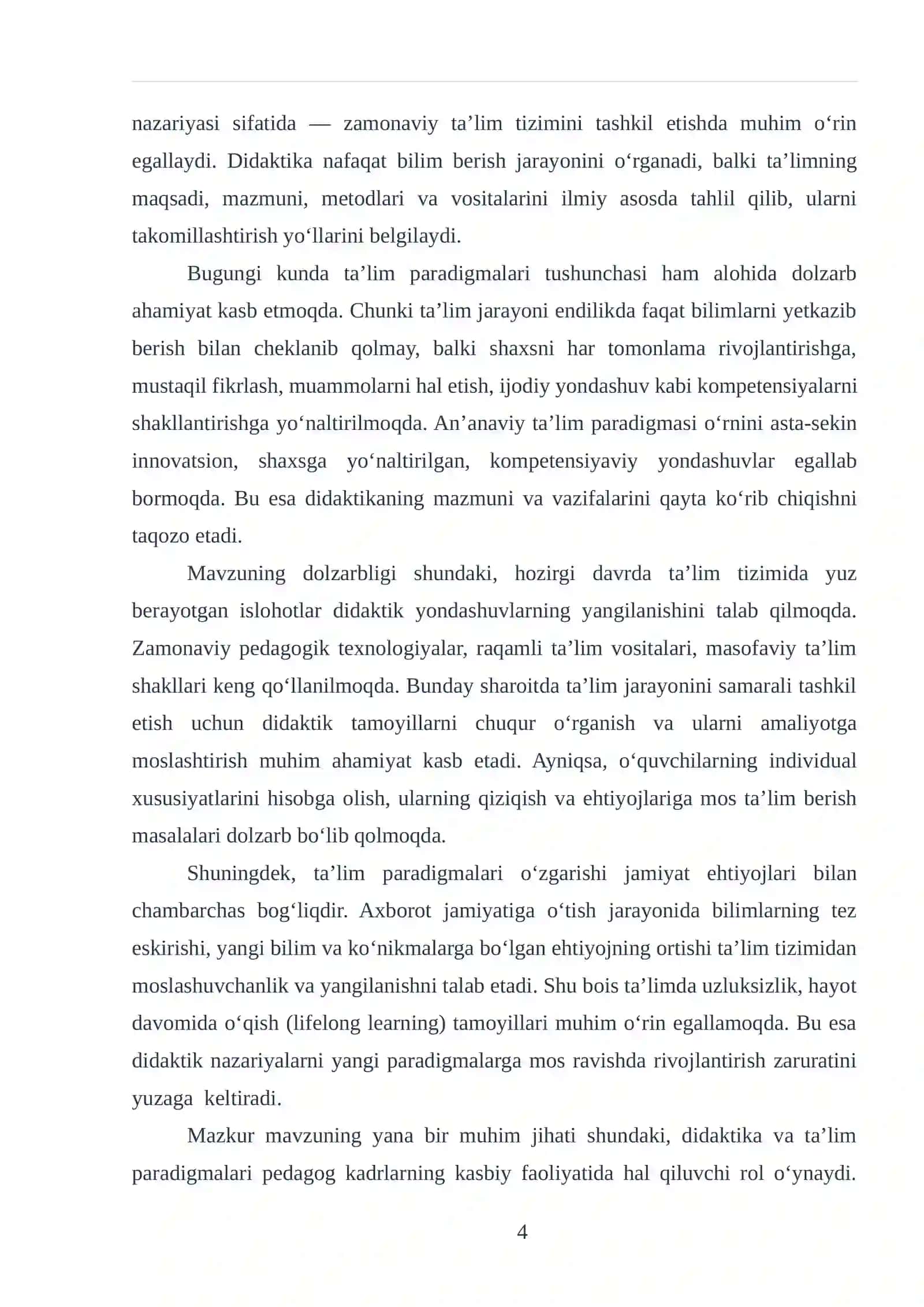 “Didaktika ta’lim nazariyasi sifatida. Ta’lim paradigmalari”
mavzusidagi 4