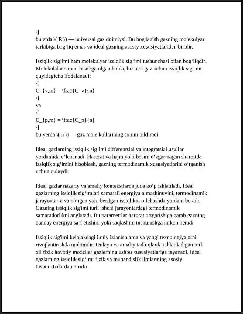 Ideal gazlarning issiqlik sigʻimi 4