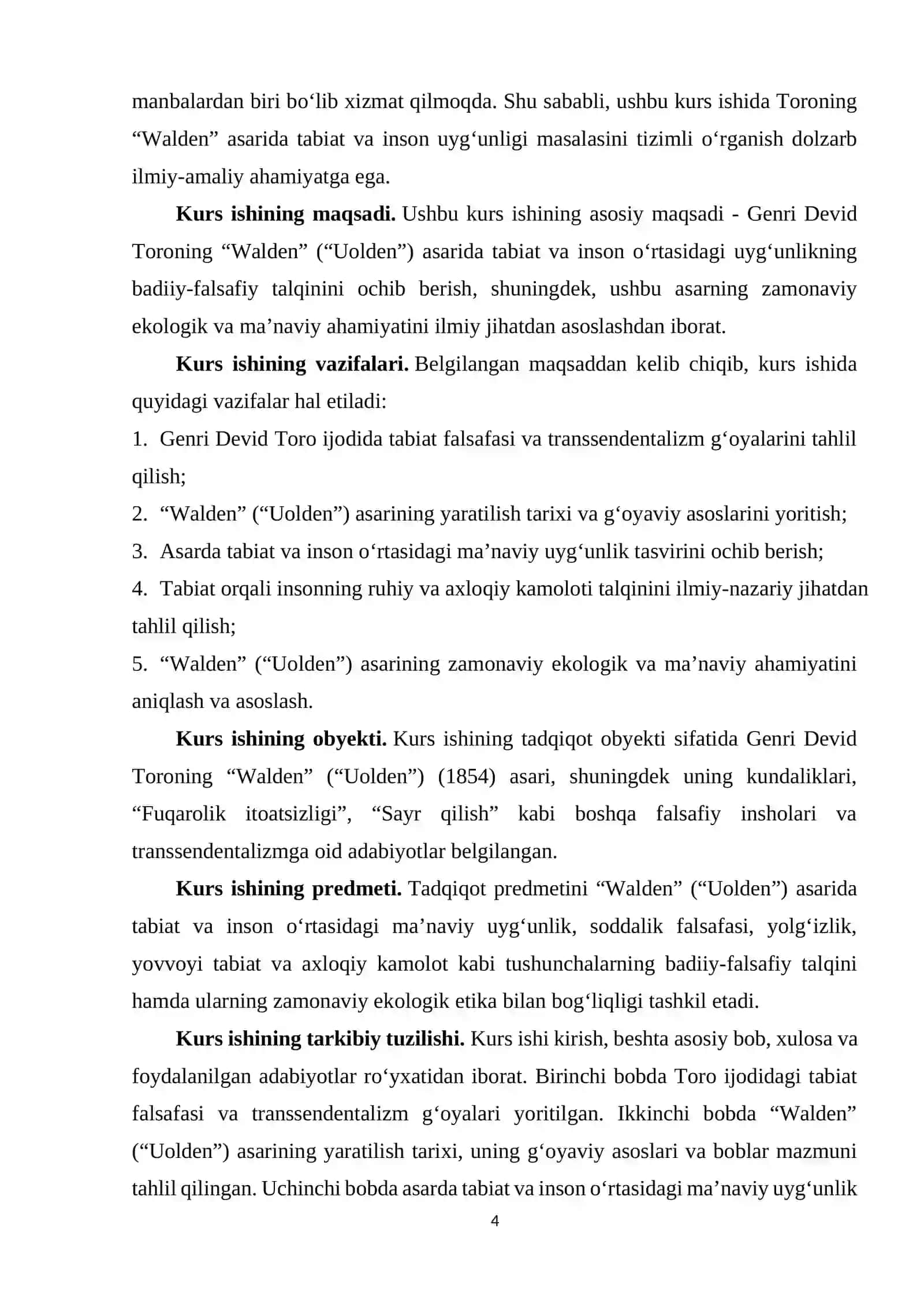 "Walden" asarida tabiat va insonning ma'naviy uyg'unligi mavzusidagi KURS ISHI 4