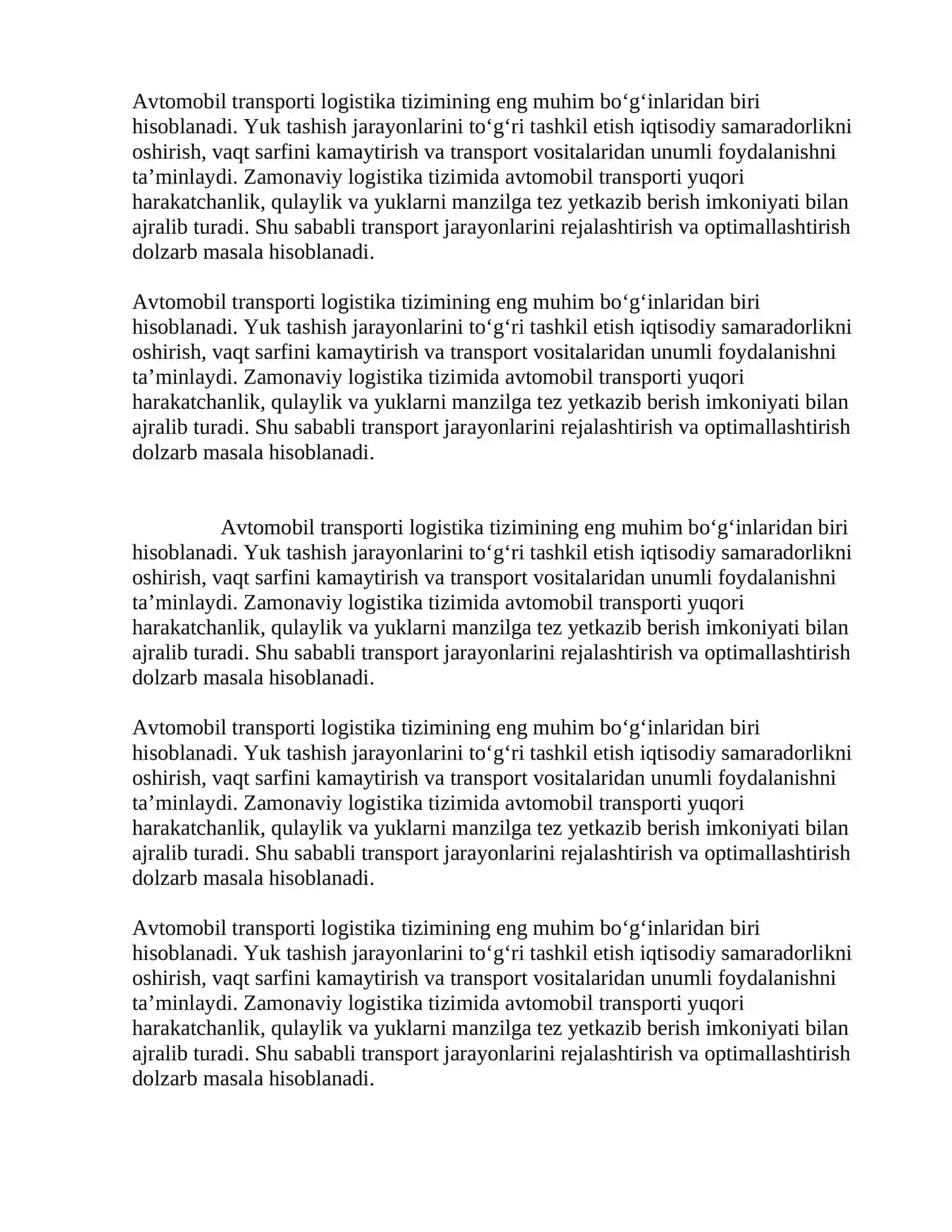 AVTOMOBIL TRANSPORTIDA YUKLARNI TASHISHNI TASHKIL ETISH KURS LOYIHASI 4