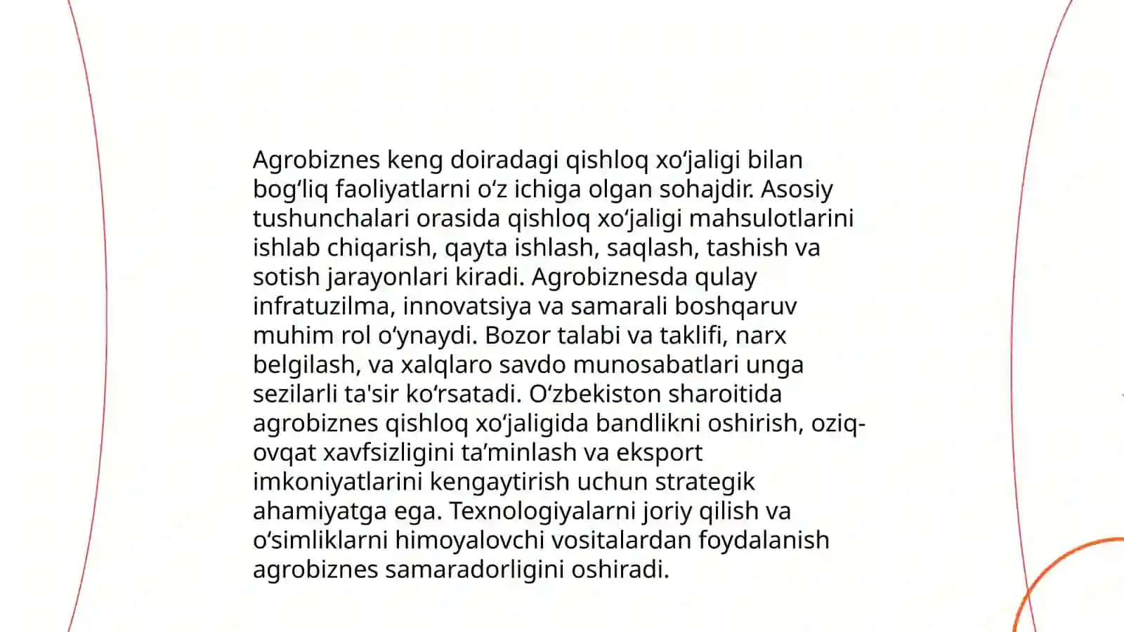 Agrar munosabatlar va agrobiznes. Milliy iqtisodiyot va uning makroiqtisodiy o’lchamlari. Yalpi ichki mahsulot va uning harakat shakllari 4