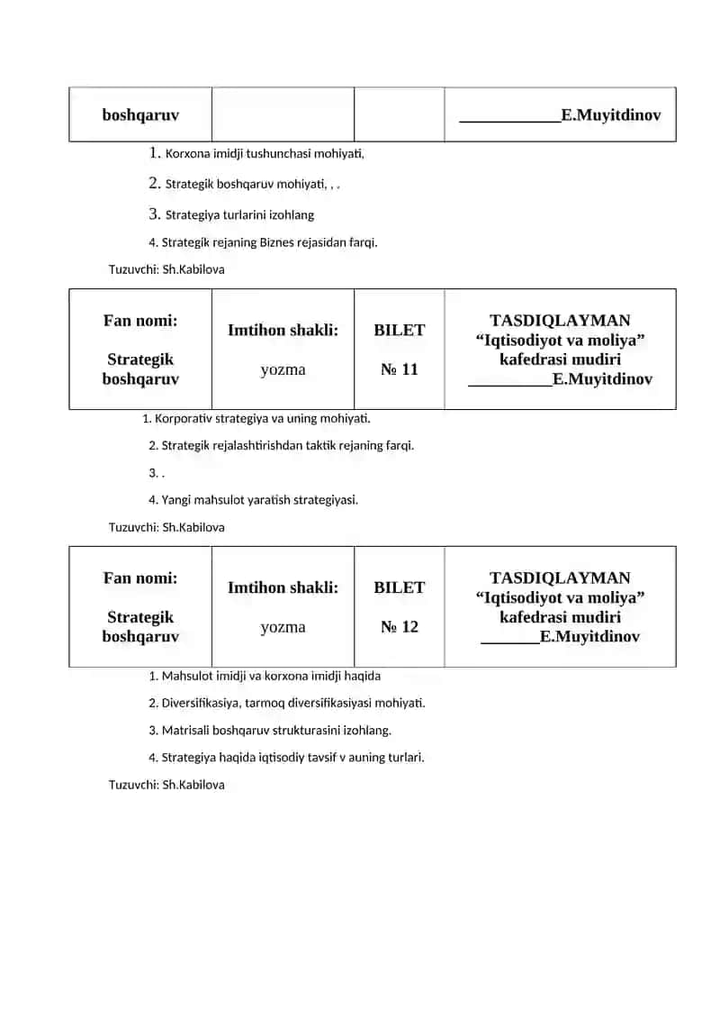 Strategik boshqaruv, Imtihon bilet #1 4
