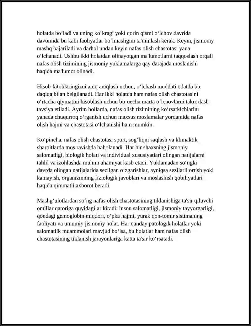 NAFAS TIZIMINING AYRIM KO‘RSATKICHLARINI TINCH HOLATDA VA JISMONIY YUKLAMADAN SO‘NG TEKSHIRISH REFERAT 4