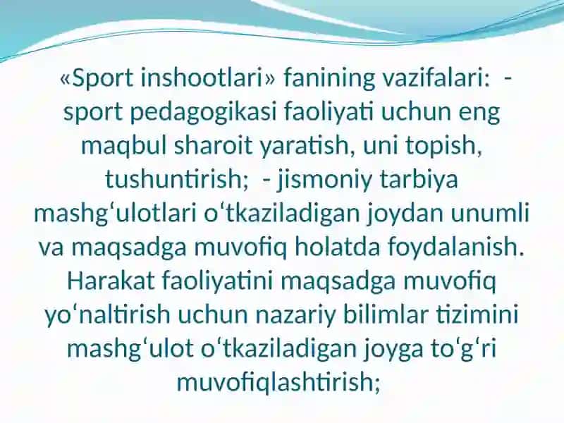 Sport inshootlarining davr talablari Sport inshootlari tavsifi va tasnifi. 4