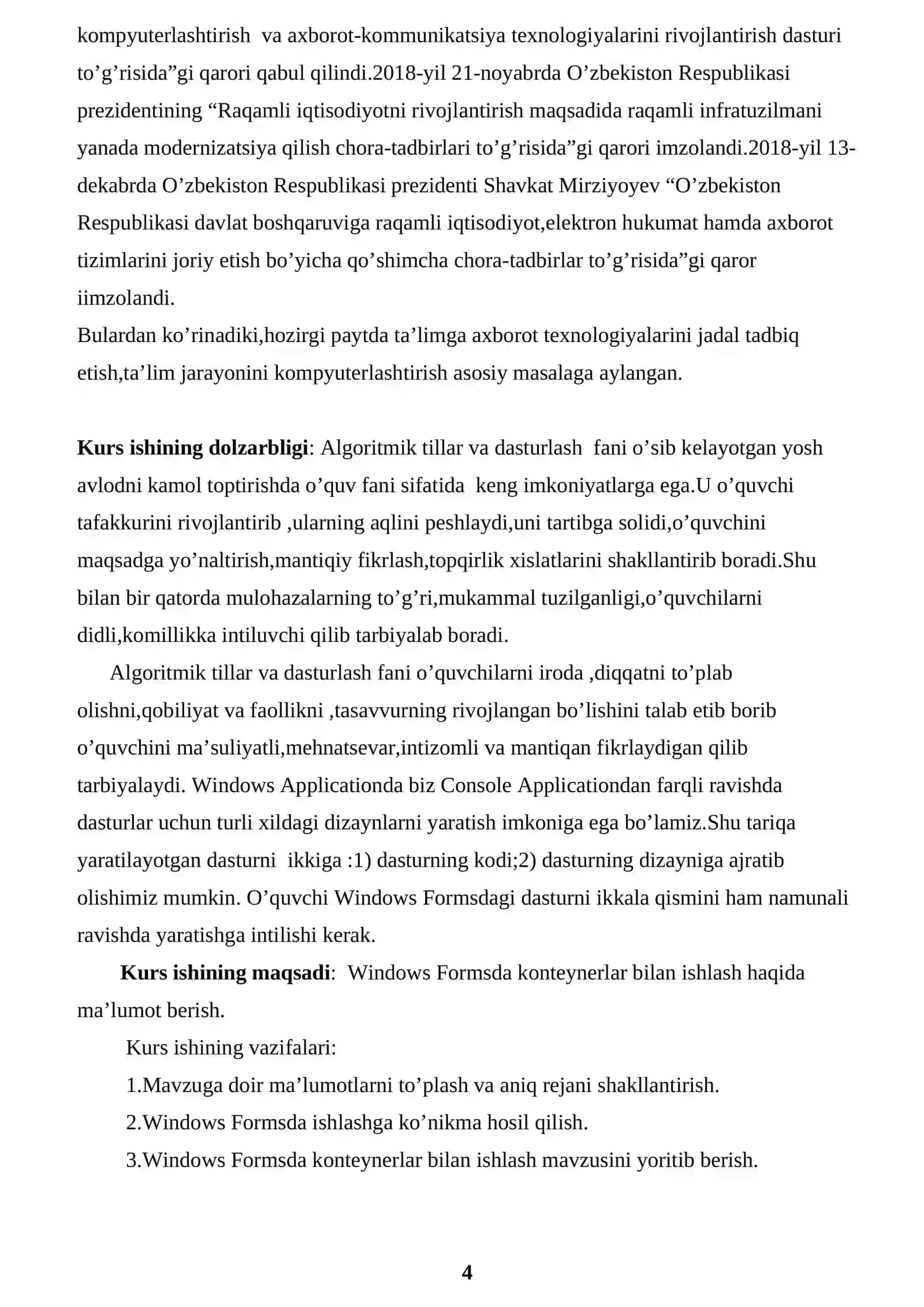 "Windows Formsda konteynerlar bilan ishlash" KURS ISHI 4