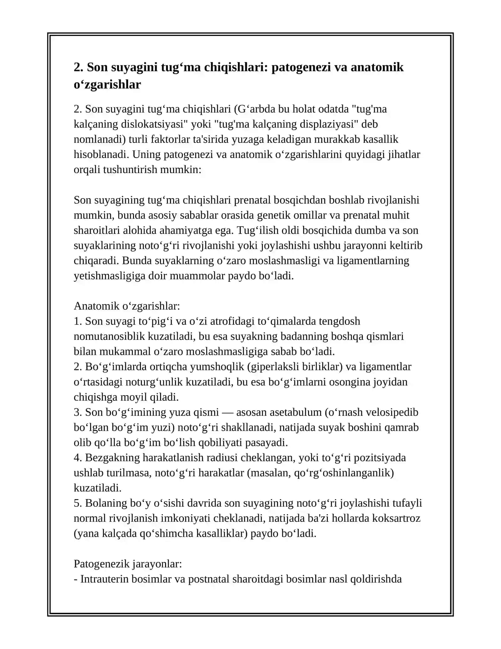 SON SUYAGINI TUG‘MA CHIQISHLARI, TUG‘RUQ SHIKASTLARI, TUG‘MA BO‘YIN MUSHAKLI QIYSHIQLIGI: ETIOLOGIYASI, PATOGENEZI, TASNIFI, KLINIKASI, DIAGNOSTIKASI, ZAMONAVIY DAVOLASH USULLARI. OYOQ PANJASI DEFORMASTIYALARI VA KASALLIKLARI. YASSIOYOQLILIK. MAYMOQLIK 4