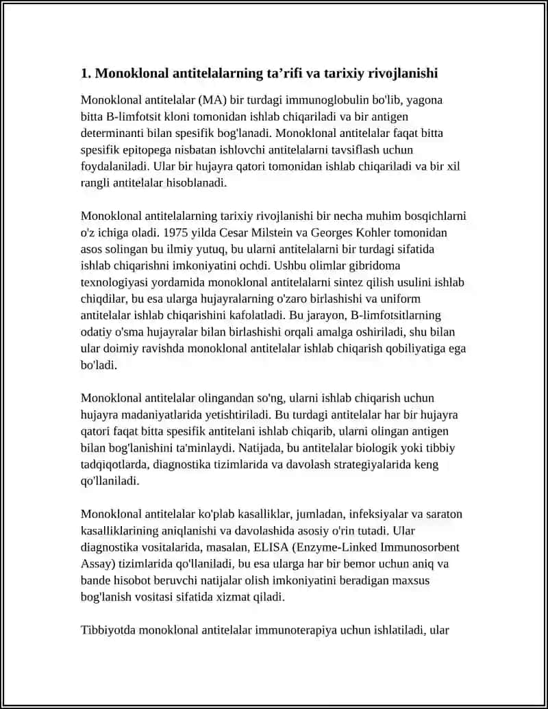 MONOKLONAL ANTITELALAR, ULARNING OLINISHI, TIPLARI VA AMALIYOTDA QO‘LLANILISHI 4