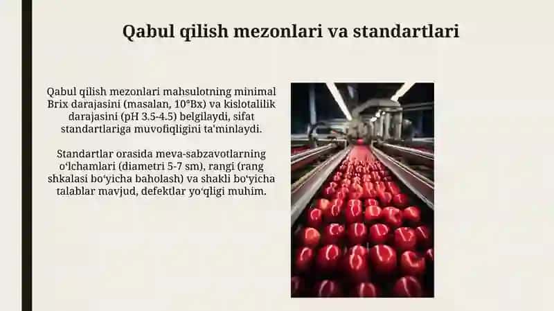 Mevasabzavotlarni qayta ishlovchi korxonasi xomashyolari qabul qilish 4