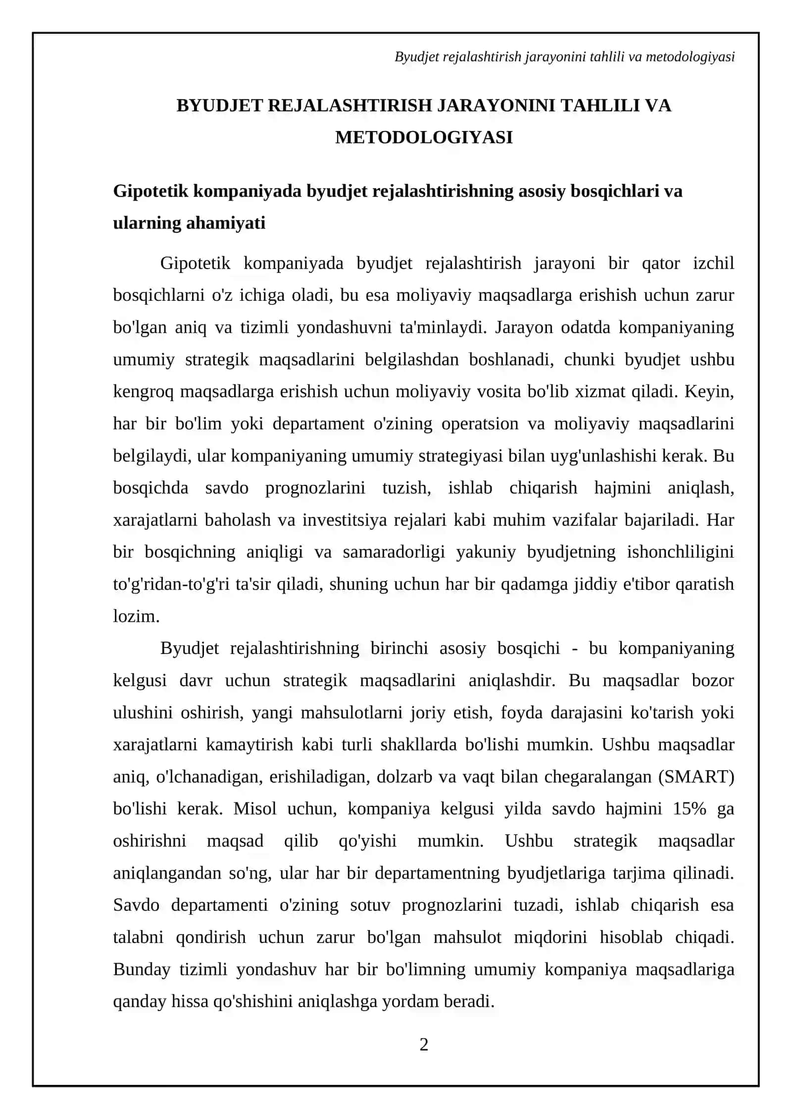 Gipotetik kompaniyada byudjet jarayonini tahlil qilish:Og‘ishlarni aniqlash va tavsiyalar 4