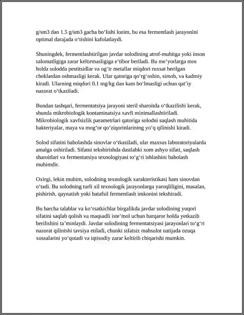 FERMENTLASHTIRILGAN JAVDAR SOLODI SIFATIGA QO’YILADIGAN TALABLAR 4
