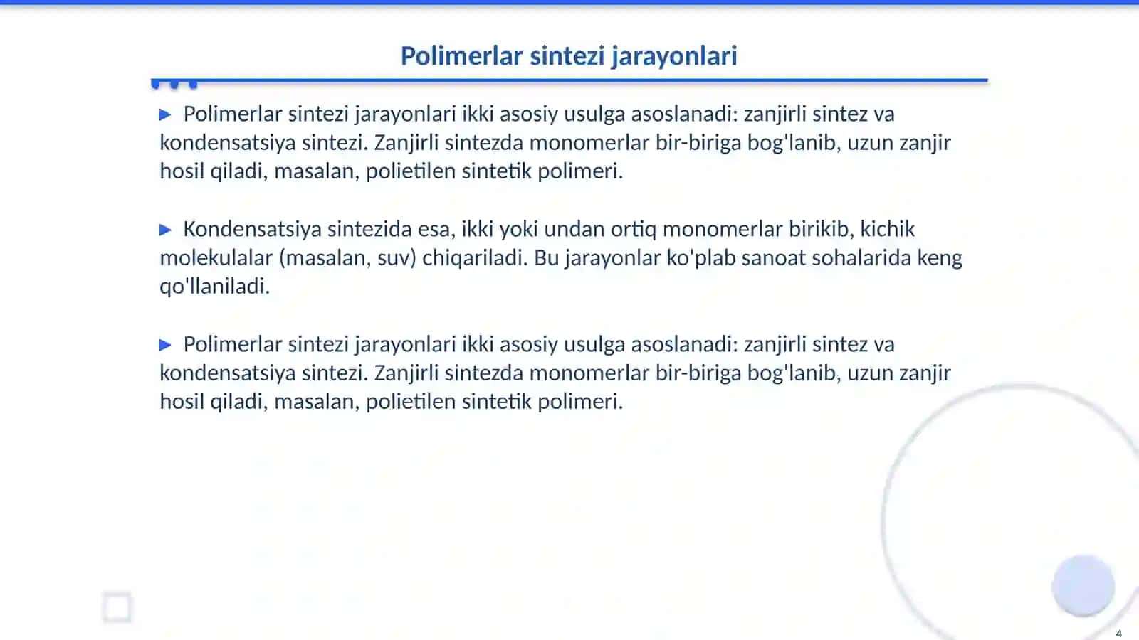 Mоlеkulyar mаssаlаri bоshqаrilgаn pоlimеrlаr sintezi vа ulаrning mоlеkulyar-mаssаviy хаrаktеristikаlаri 4