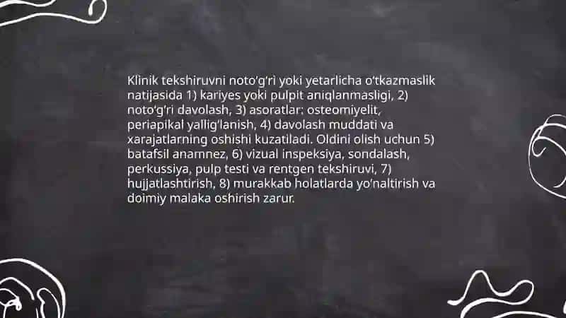 Tishlar qattiq toʻqima kasaliklarini aniqlash va davolashda yoʻl qoʻyiladigan asoratlar va xatolar 4