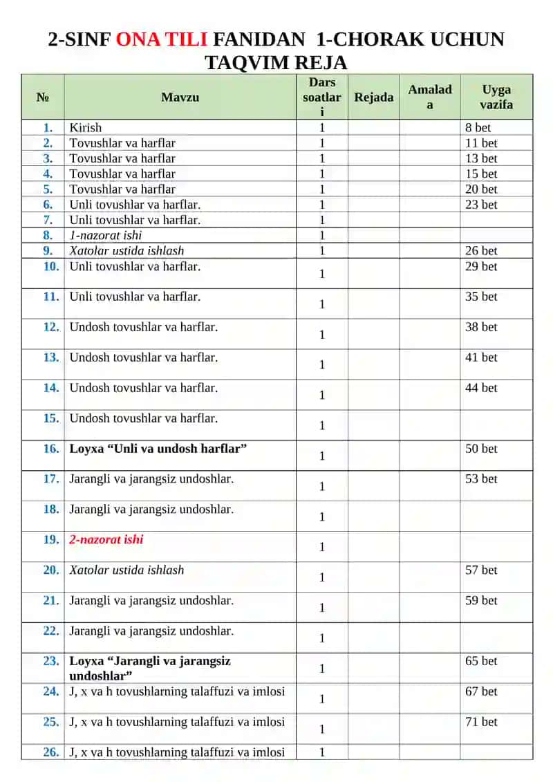 2-SINFLAR UCHUN YILLIK TAQVIM REJASI 4