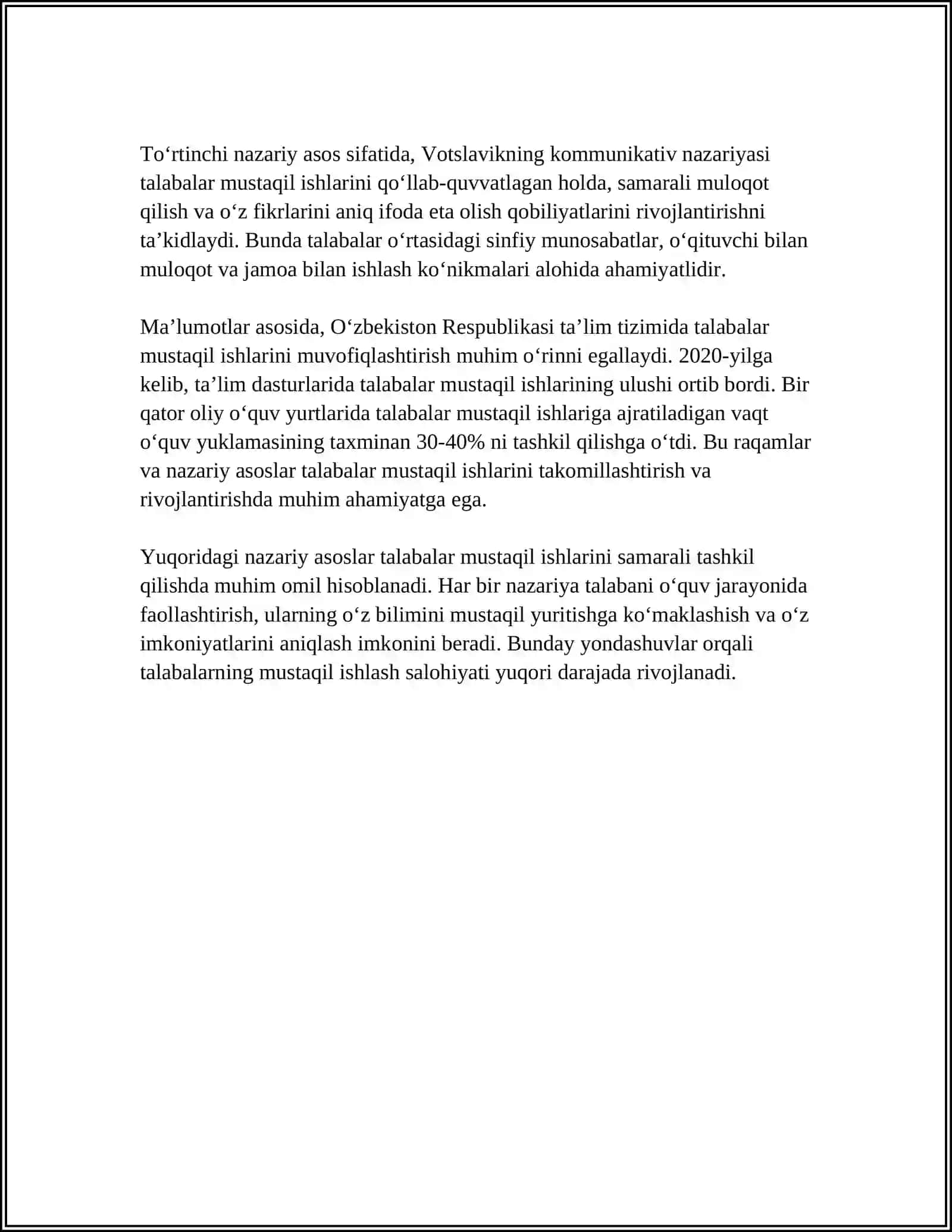 BIOFIZIKA VA TIBBIYOTDA AXBOROT TEXNOLOGIYALARI KAFEDRASIDA O’QITILADIGAN FANLARDAN TALABALAR MUSTAQIL ISHINI TASHKIL QILISH, BAHOLASH TARTIBI TO’G’RISIDA 4