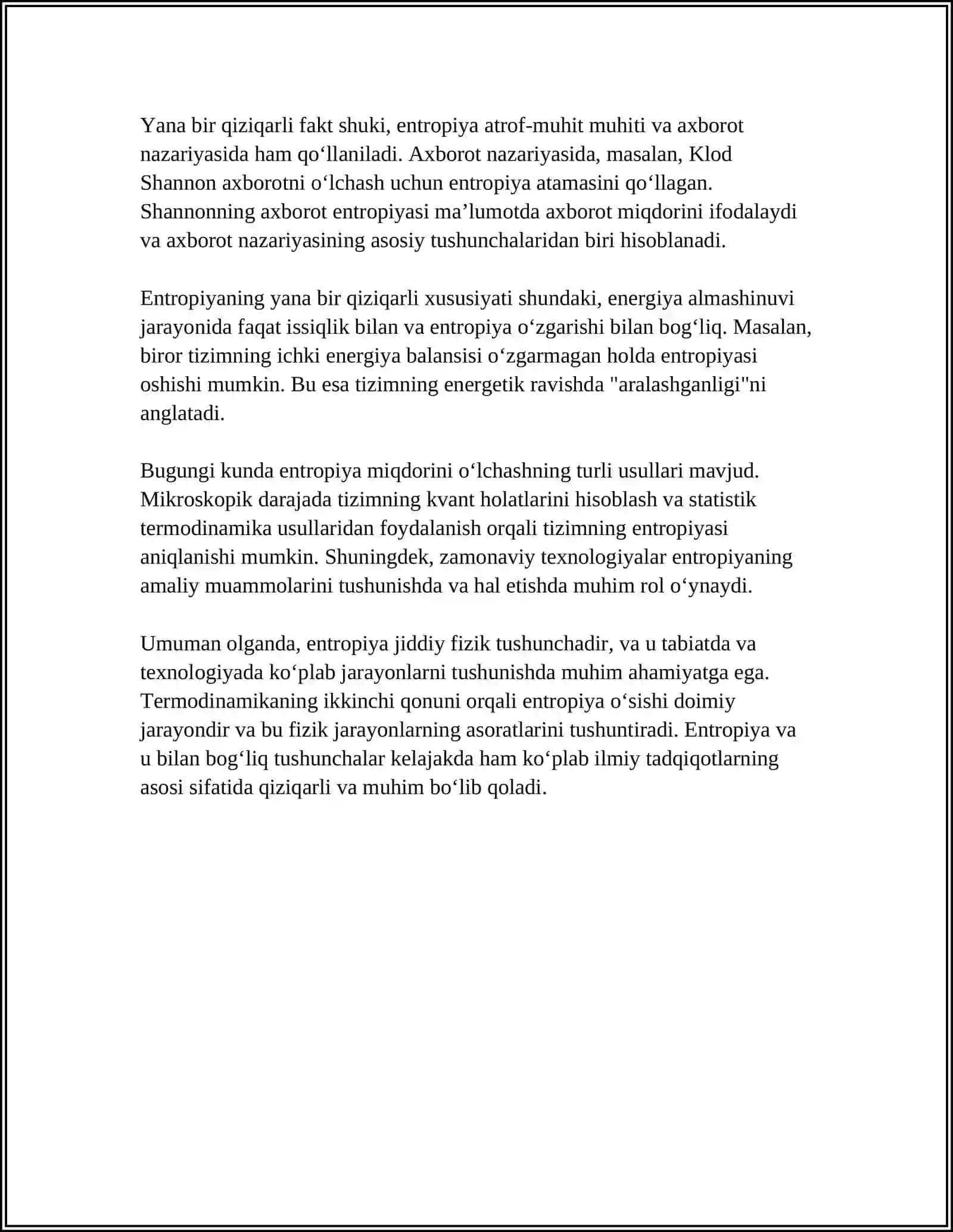 OCHIQ TIZIMLARDA ENTROPIYANING LOKAL KAMAYISHI. DISSIPATIV STRUKTURALAR 4