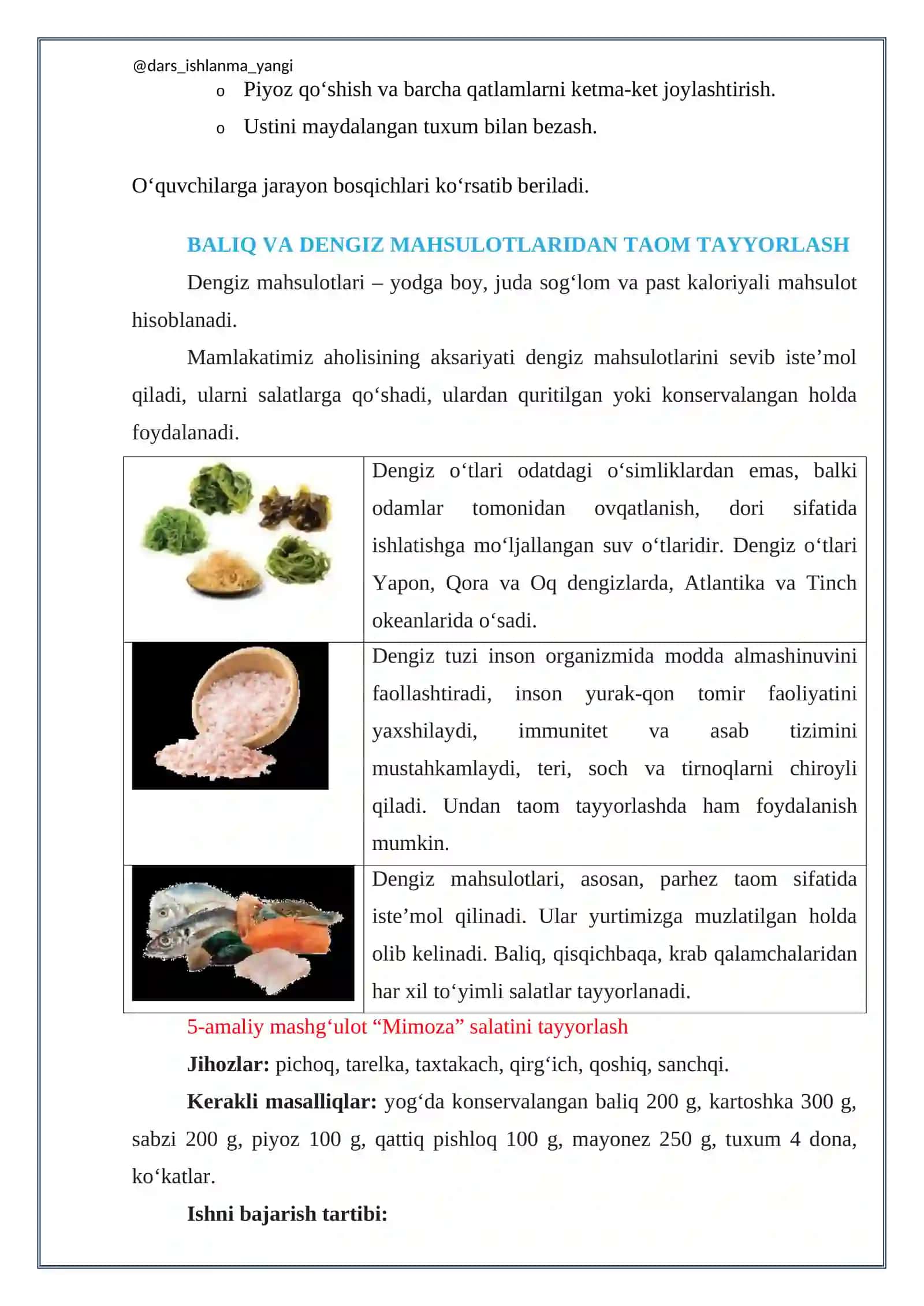 Baliq va dengiz mahsulotlaridan taom tayyorlash. 5-amaliy mashg'ulot. Mimoza salatini tayyorlash 4