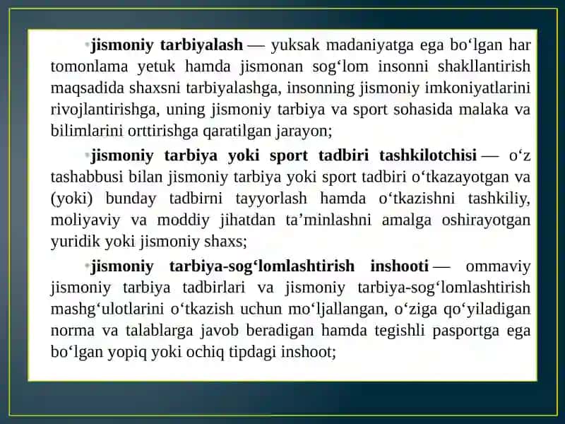O‘zbekiston Respublikasida jismoniy tarbiya va sport tashkilotlarini boshqarishning xuquqiy asoslari 4