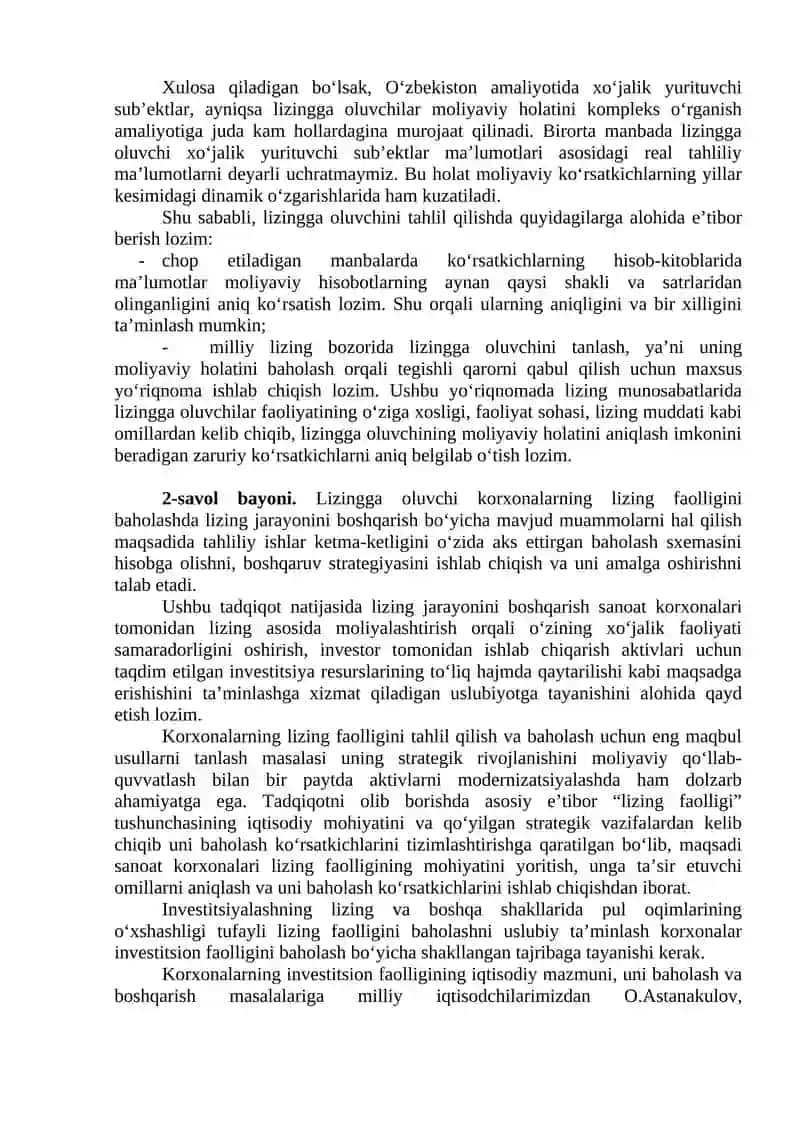 Balans tarkibi asosida Lizingga oluvchini tanlash 4
