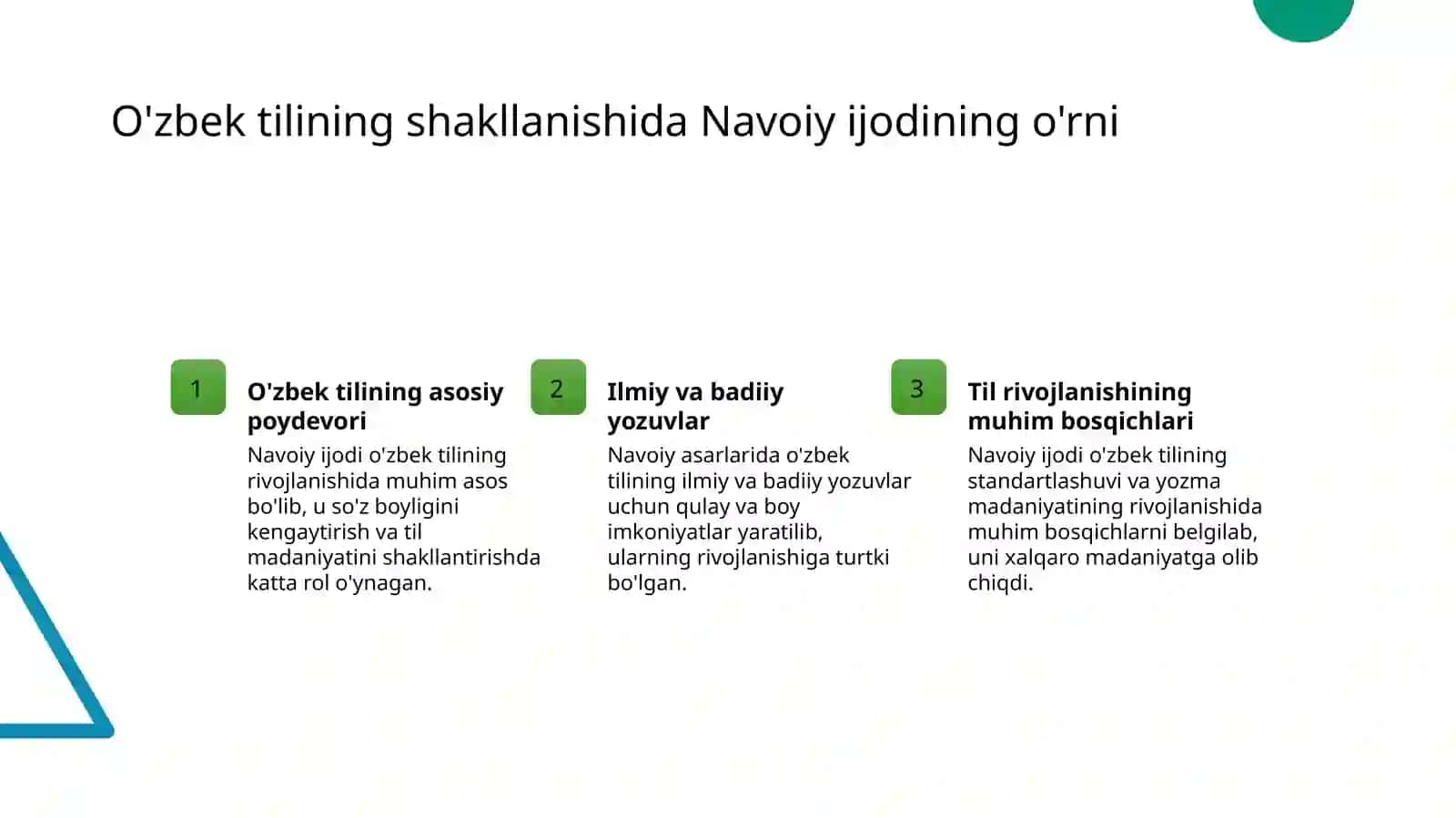 Alisher Navoiy-o'zbek tilining asoschisi.

O'zbekiston mustaqilligi va ma'naviy-axloqiy tarbiya 4