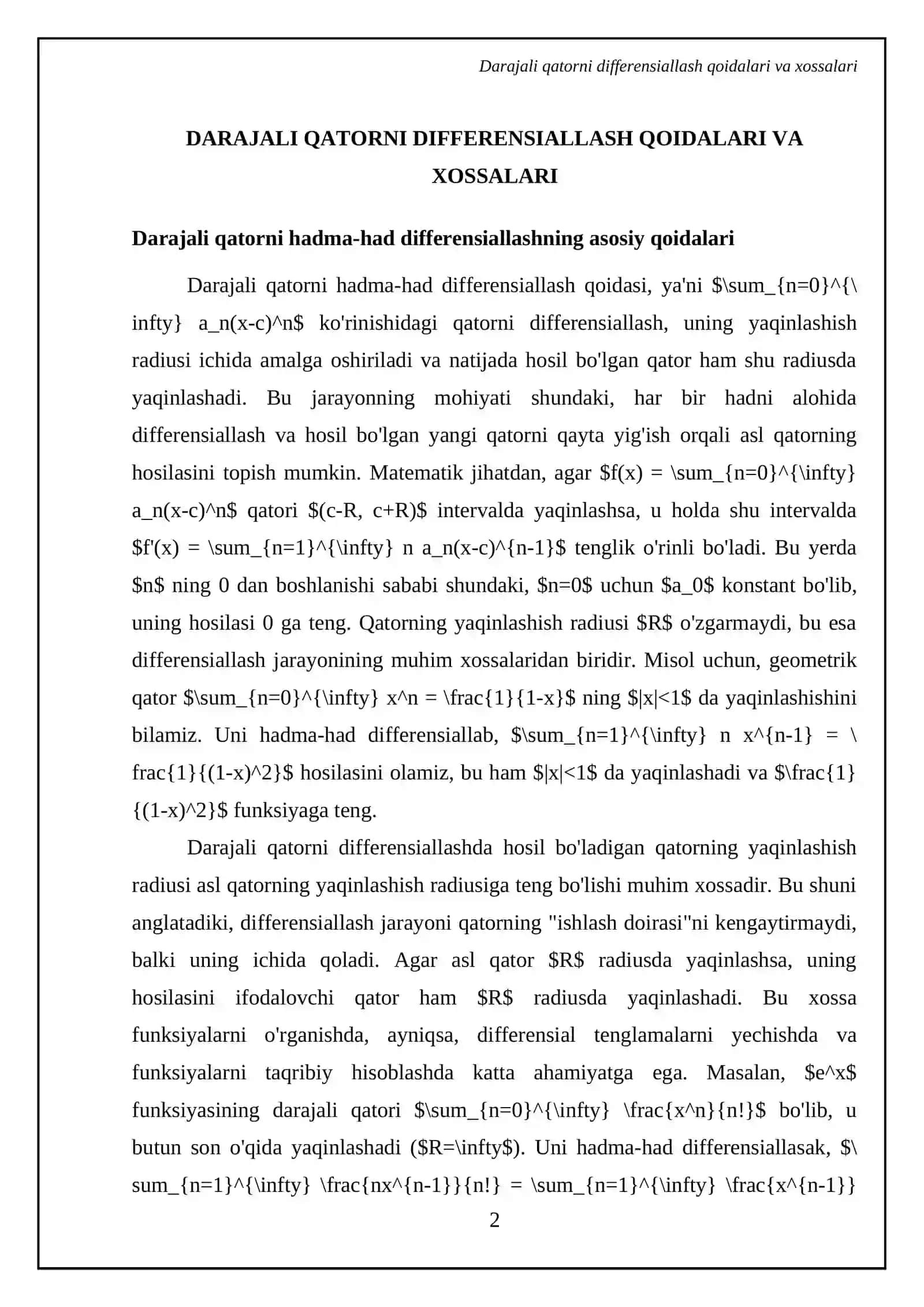 Darajali qatorni hadma-had differensiallash va integrallash 4