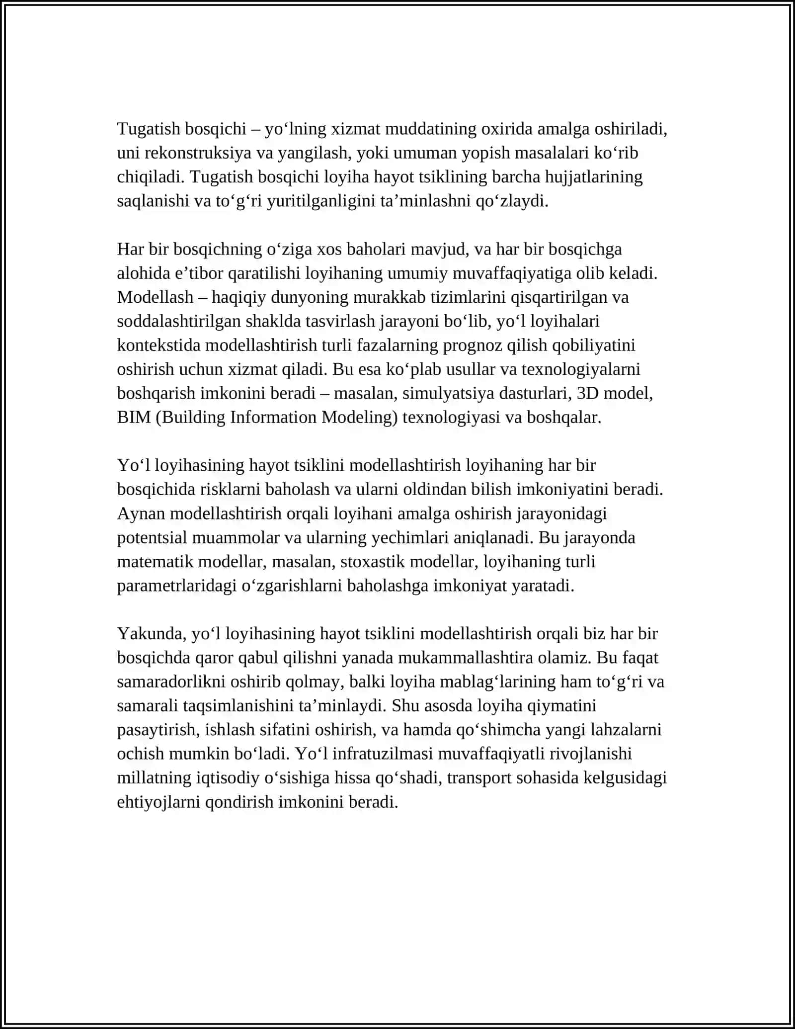 Yo‘l loyihasining hayot tsiklini modellashning nazariy asoslari 4