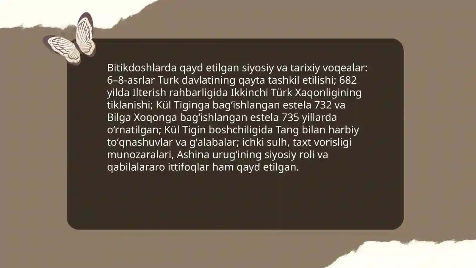 Qadimiy “Oʻrxun Enasoy”, “Kultegin”, “Bilga Hoqon”, “Koʻli chor” va “Moyun chur” bitikdoshlari 4
