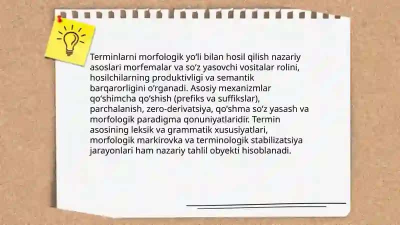 Terminlarning yasalish usullari. Terminlarning morfologik usuli bilan hosil qilinishi. Terminlarning sintaktik yoʻli bilan yasalishi 4