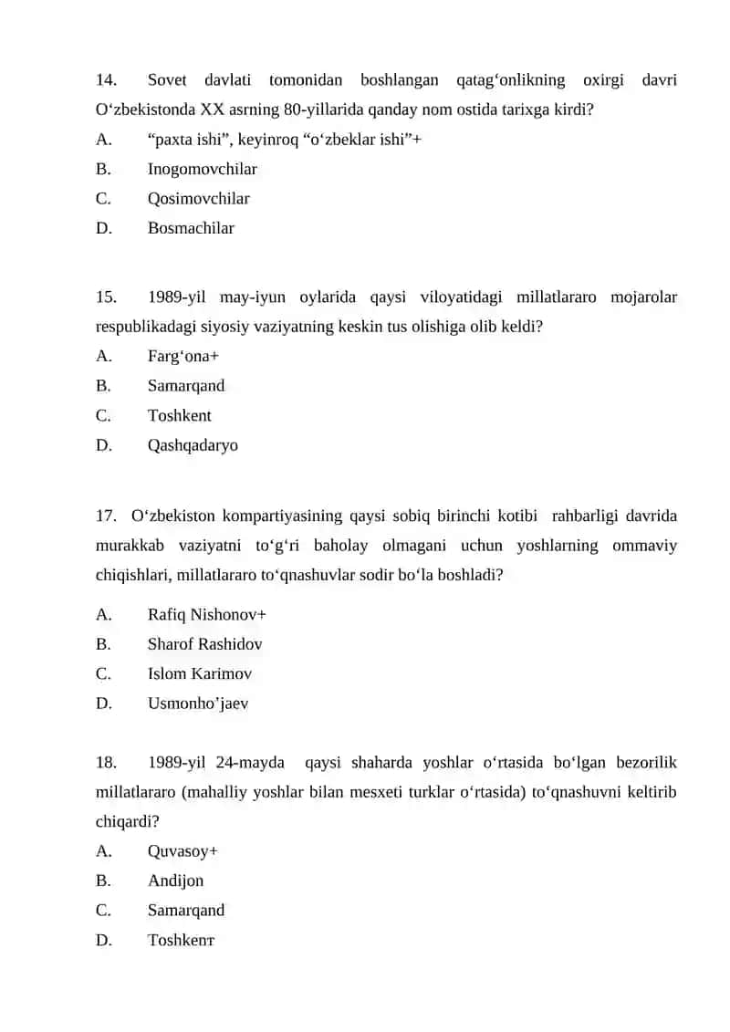 O`zbekistonning eng yangi tarixi fanidan yakuniy nazorat testlari 4
