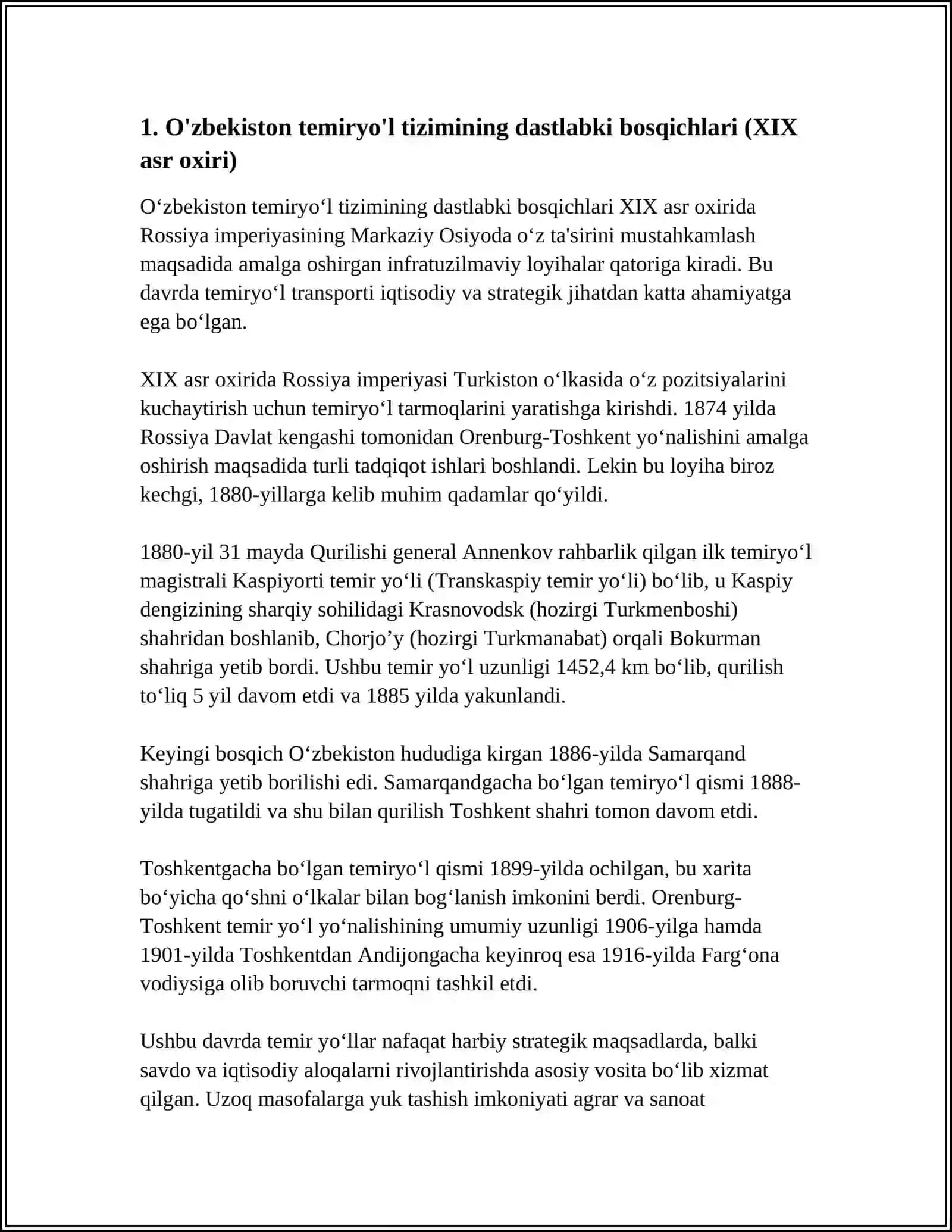 O'ZBEKISTON RESPUBLIKASI TEMIRYO'L TRANSPORTINING QURILISH TARIXI VA RIVOJLANISHI 4