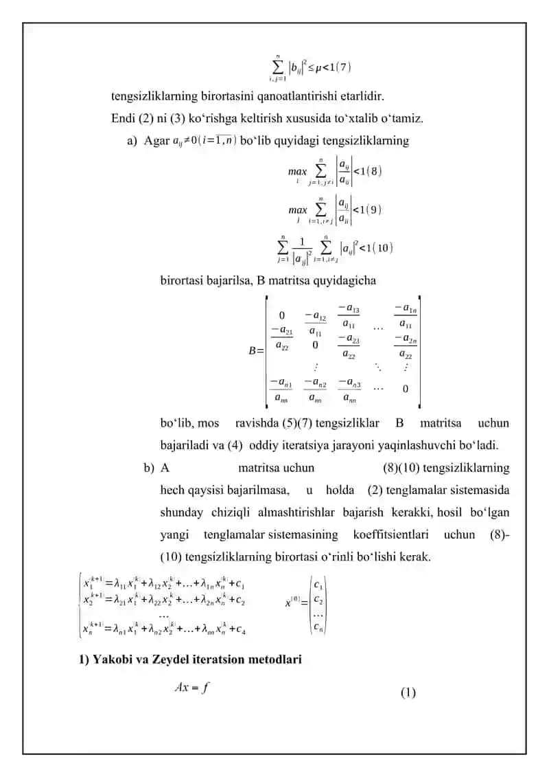 Chiziqli Algebraik Tenglamalar sistemasini yechish usullari. Zeydel usuli 4