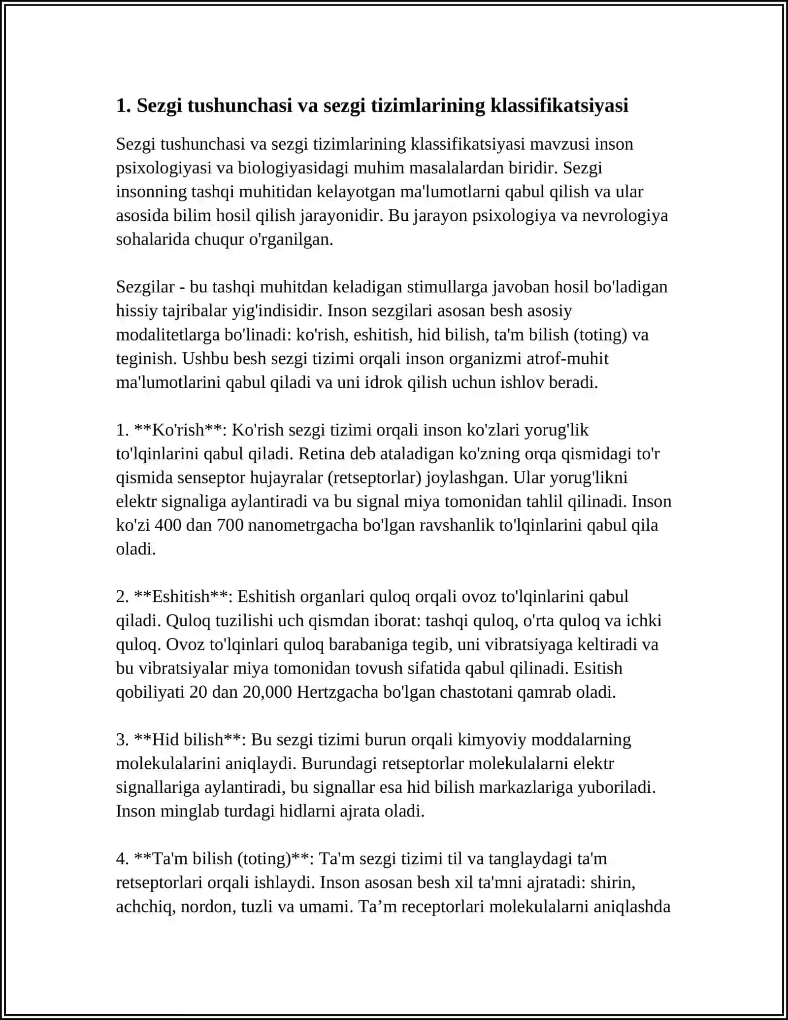 SEZGILAR HAQIDA UMUMIY TUSHUNCHALAR VA ULARNING NERV-FIZIOLOGIK ASOSLARINI TAHLIL QILISH 4