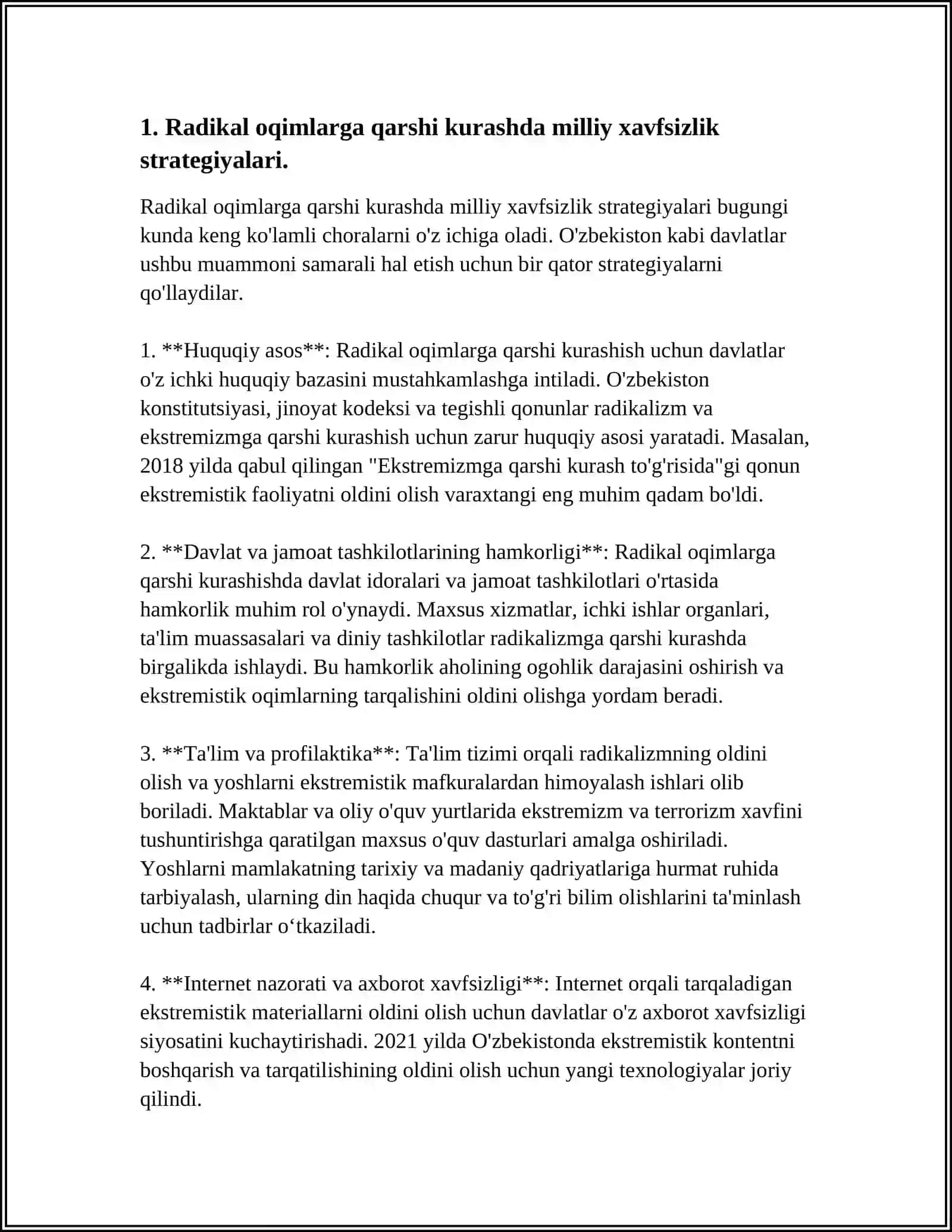 OʻZBEKISTON DAVLAT SIYOSATIDA RADIKAL OQIMLARGA QARSHI KURASHNING YOʻNALISHLARI 4