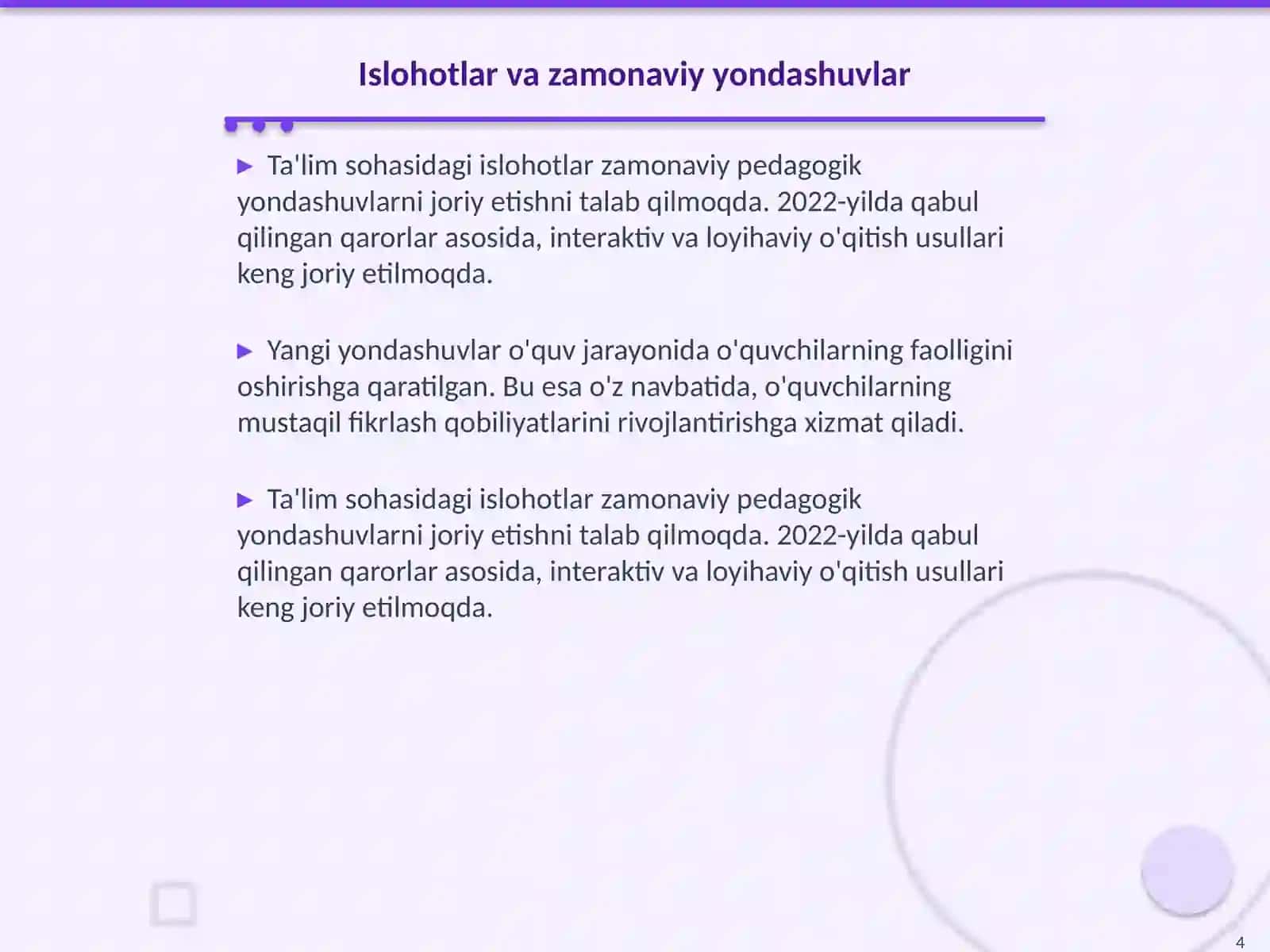 Ta‘lim sohasidagi islohotlar pedagoglik kasbiga qo'yilayotgan talablar 4