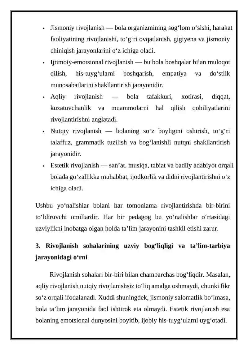 Mustaqil ish Mavzu: Bolaning rivojlanish sohalari kompetensiyalari 4