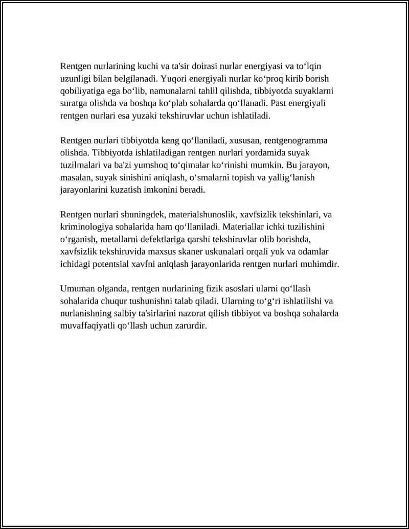 RENTGEN NURLARI TIBBIYOTDA VA BOSHQA SOHALARDA ISHLATILISHI HAQIDA MAʼLUMOT 4