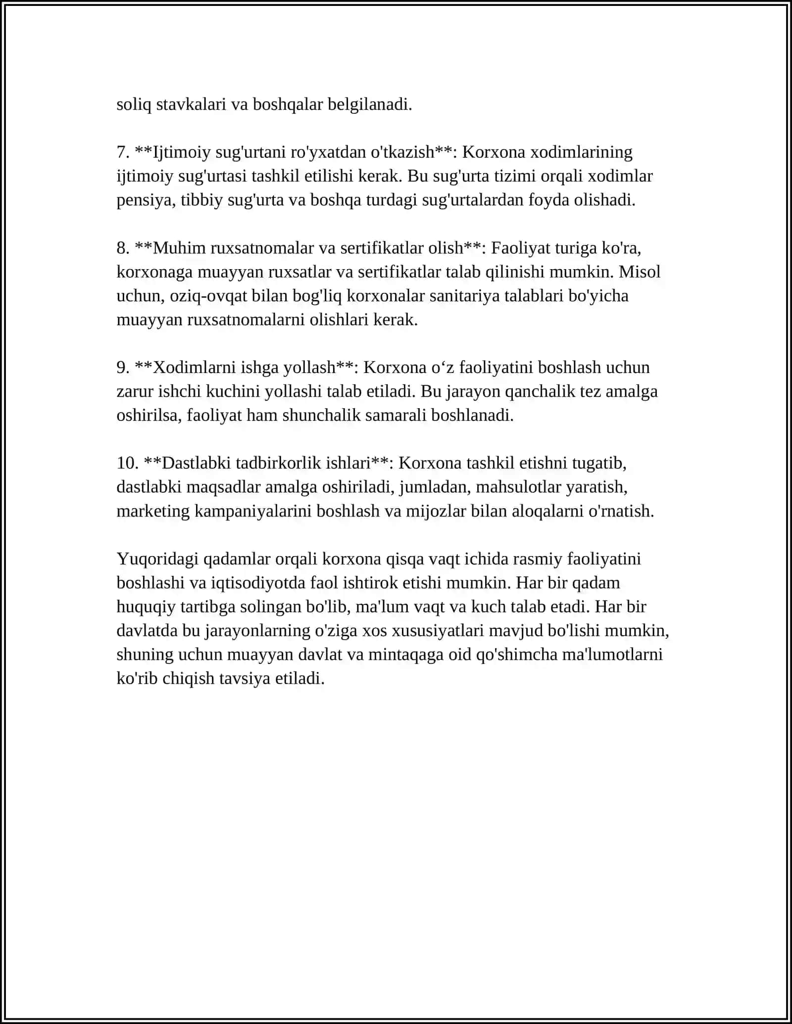 KORXONA TASHKIL ETISH TARTIBI VA TADBIRKORLIK FAOLIYATINI REJALASHTIRISH HAQIDA 4