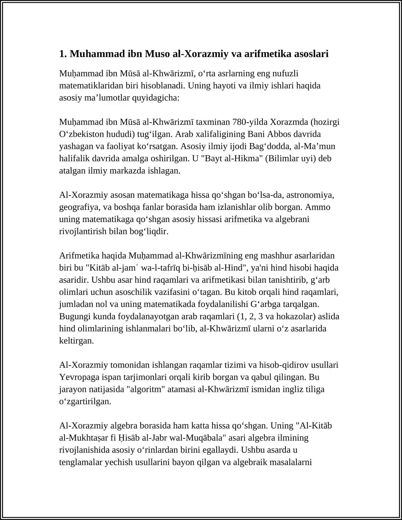 MUHAMMAD IBN MUSO AL XORAZMIY, NASRIDDIN TUSIY, JAMSHID AL KOSHIY, ULUGʻBEK ASARLARIDA ARIFMETIKANI RIVOJLANTIRISH HAQIDAGI FIKRLARI 4