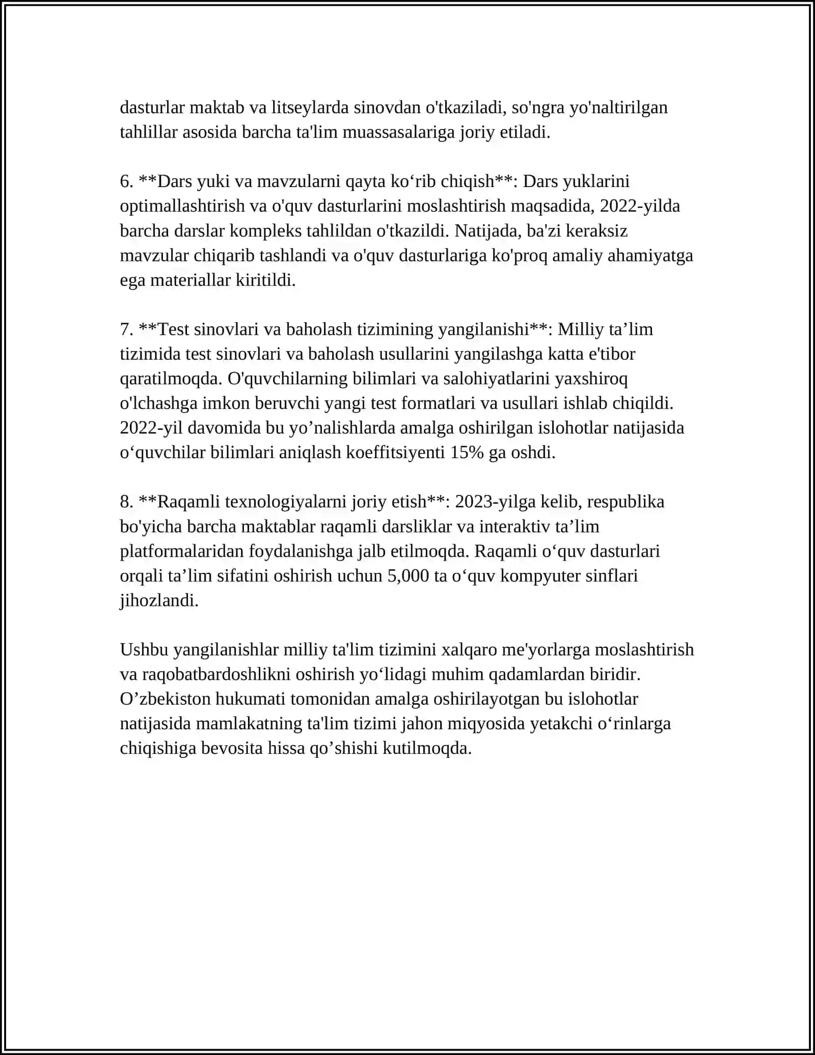 O'zbekiston Respublikasida Ta'lim Sohasida Amalga Oshirilgan Ishlohlar 4