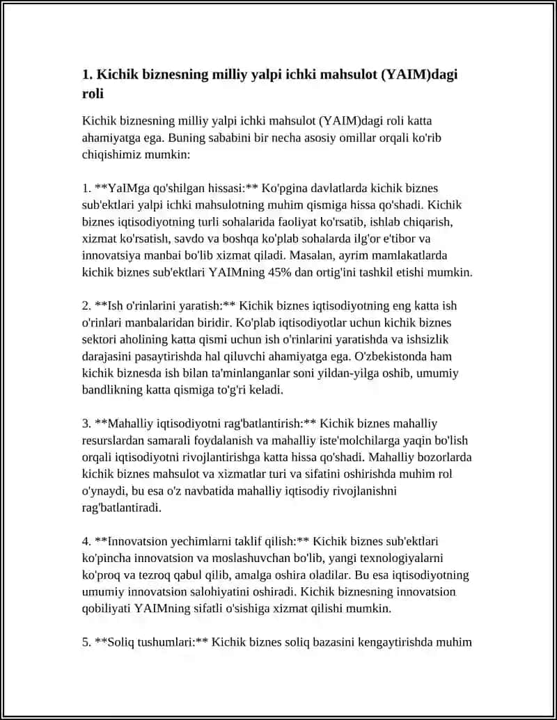 Kichik biznesning milliy iqtisodiyotdagi roli va ahamiyati 4