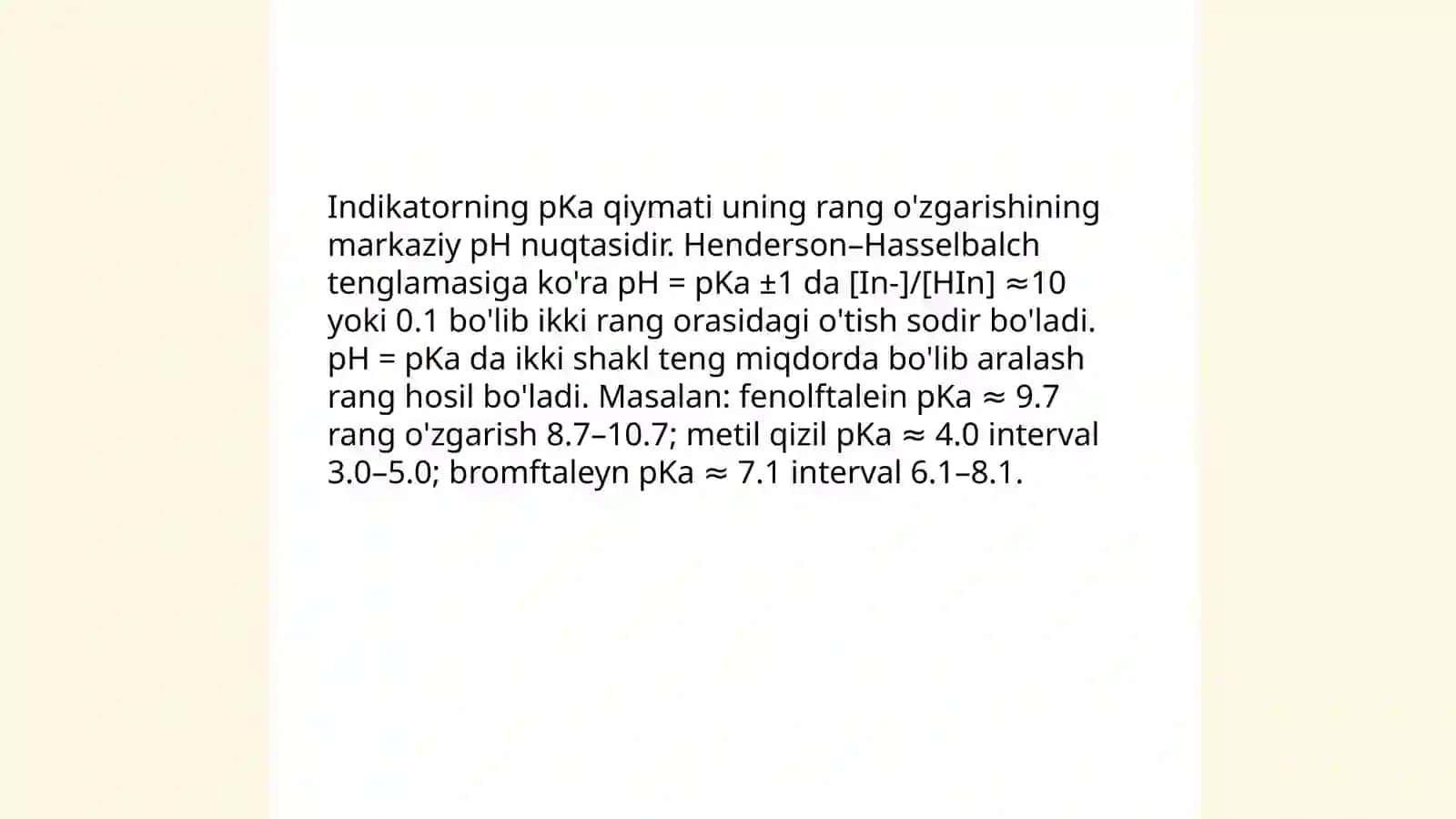 Indikatorlarning Protonatsiya Darajalari va Rang O'zgarish Sohasi 4