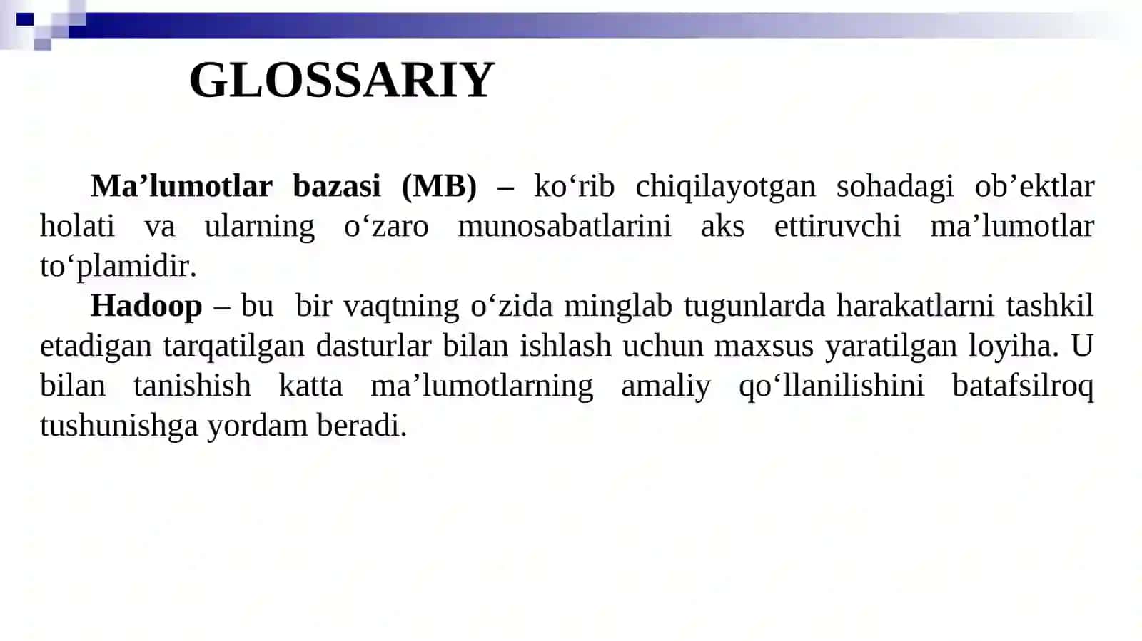 MA’LUMOTLARBAZALARI VA BIG DATABILAN ISHLASH TEXNOLOGIYALARI 4