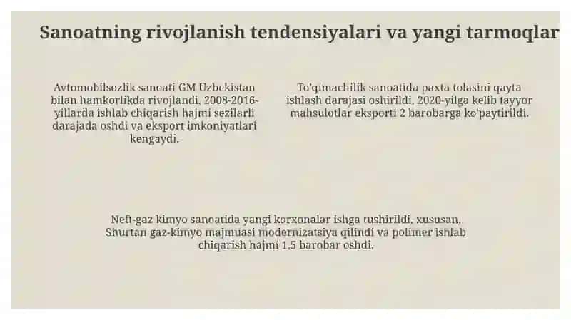 Mustaqillik yillarida qishloq xoʻjaligi va sanoat sohasidagi oʻzgarishlar 4