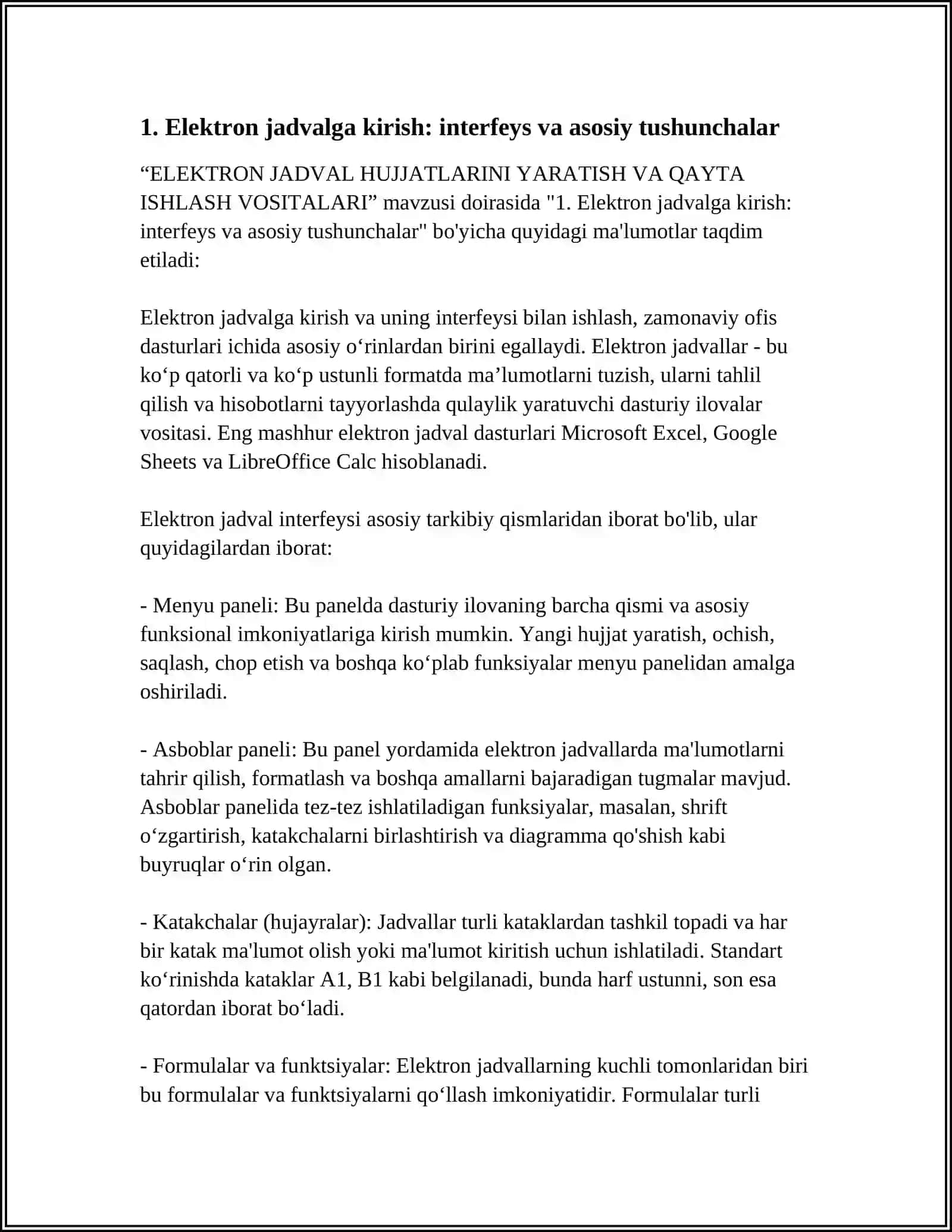 ELEKTRON JADVAL HUJJATLARINI YARATISH VA QAYTA ISHLASH VOSITALARI 4