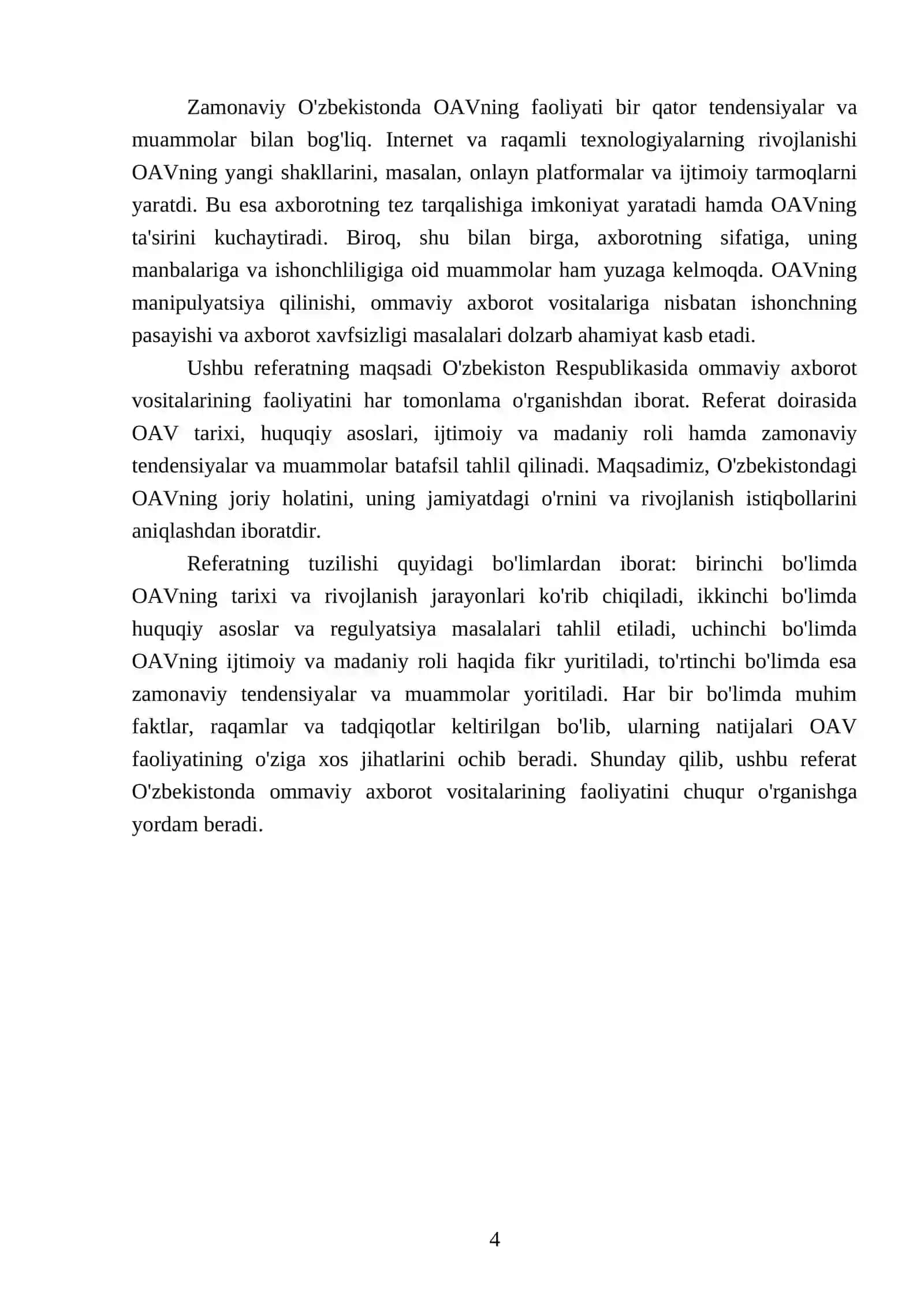 O'zbekiston Respublikasida ommaviy axborot vositalarining faoliyati. 2025-2026 o'quv yili Referati 4